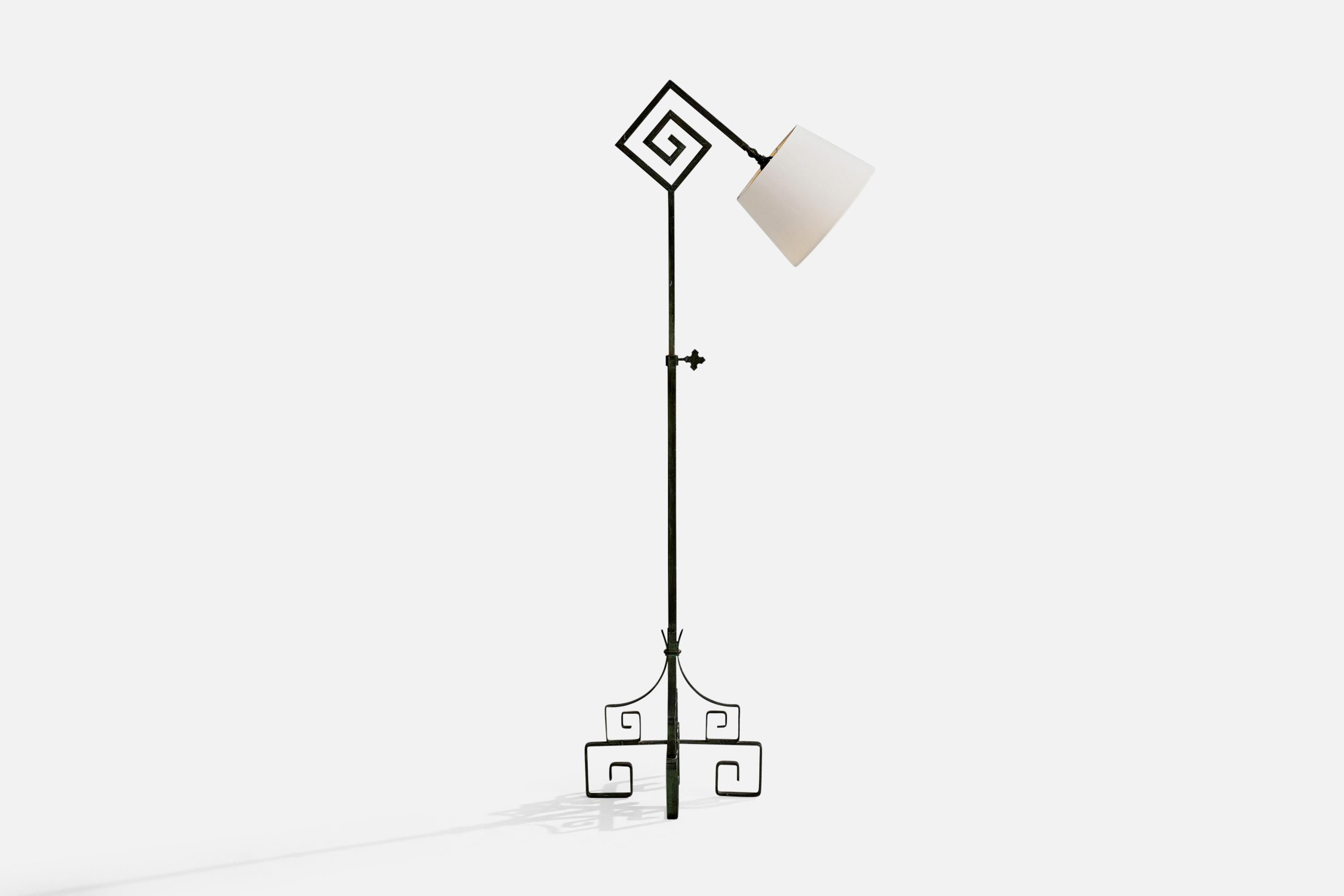 A black verdigris-painted iron and white fabric floor lamp designed and produced in Sweden, c. 1940s.

Oxidation present to metal. 

Socket and lampshade replaced at some point in recent history.

Wear consistent with age and use

Overall height and
