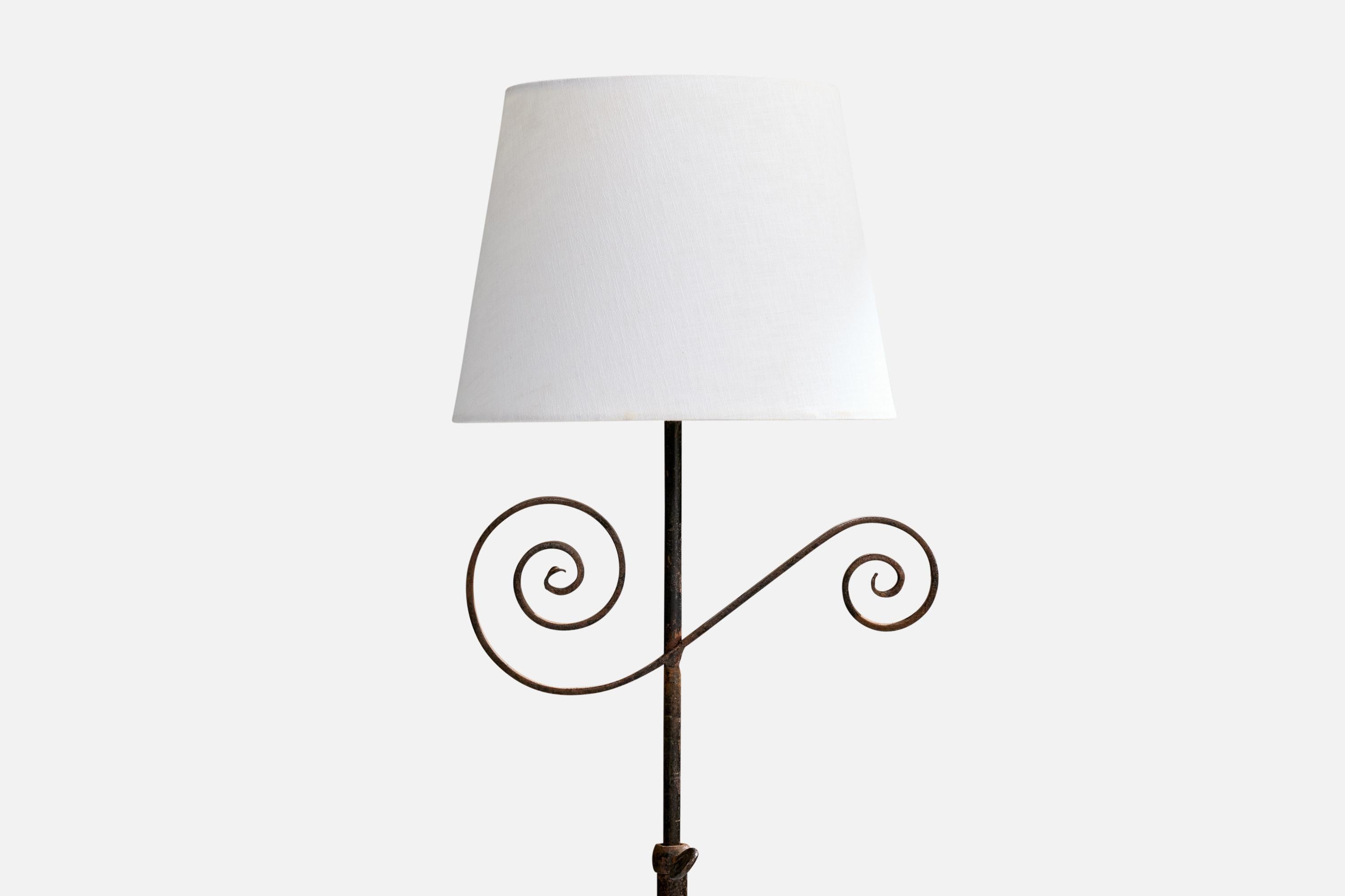 Scandinavian Modern Swedish Designer, Floor Lamp, Iron, Fabric, Sweden, 1940s For Sale