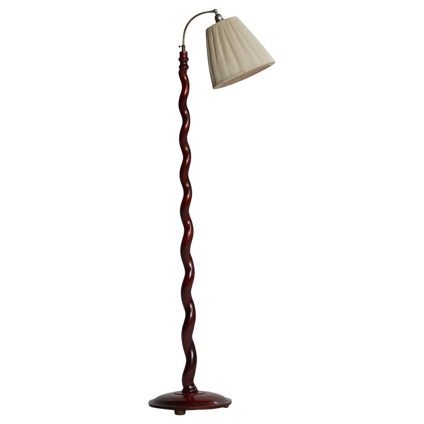 Swedish Designer, Floor Lamp, Mahogany, Steel, Fabric, Sweden, 1930s