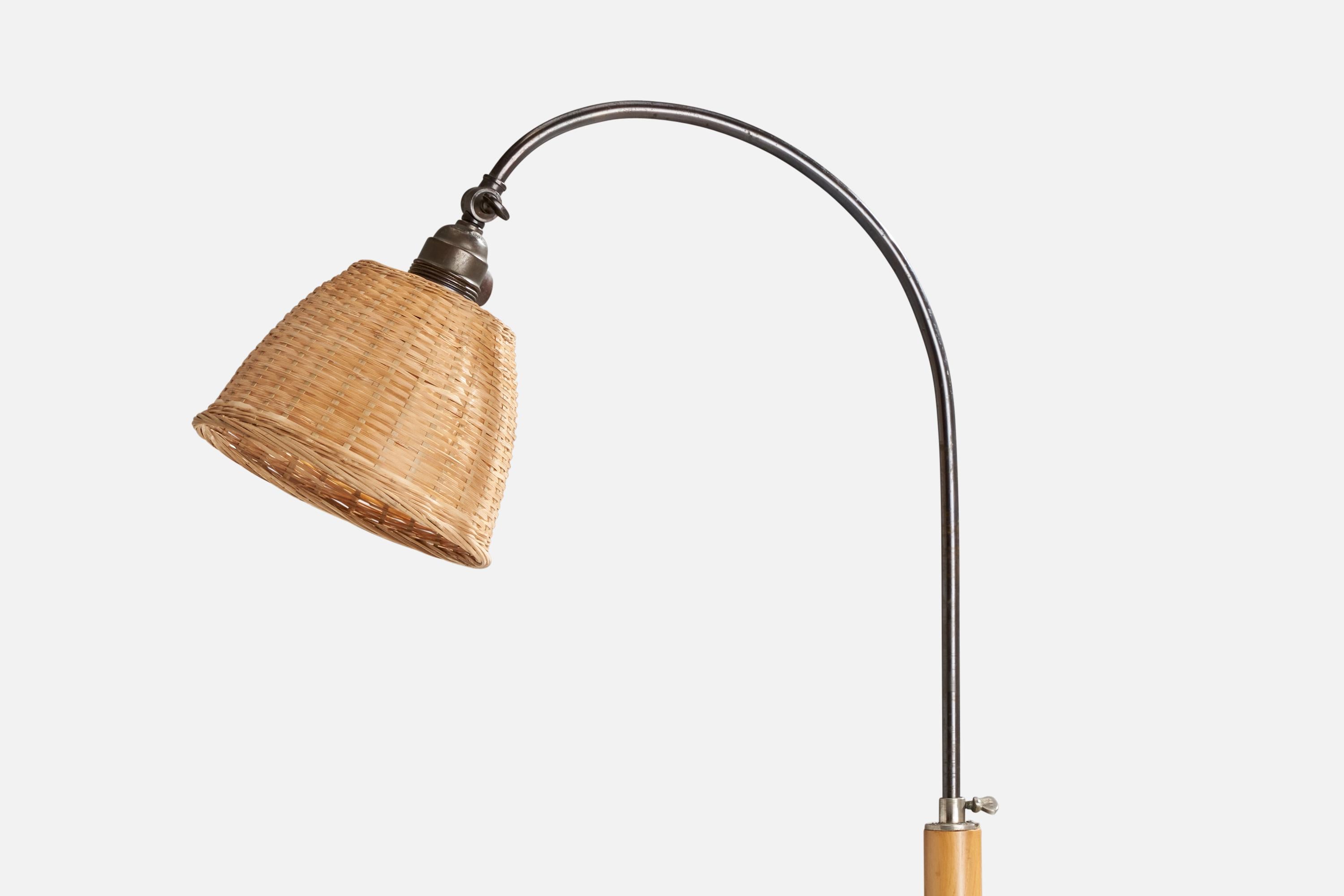 Scandinavian Modern Swedish Designer, Floor Lamp, Metal, Birch, Rattan, Sweden, 1940s For Sale