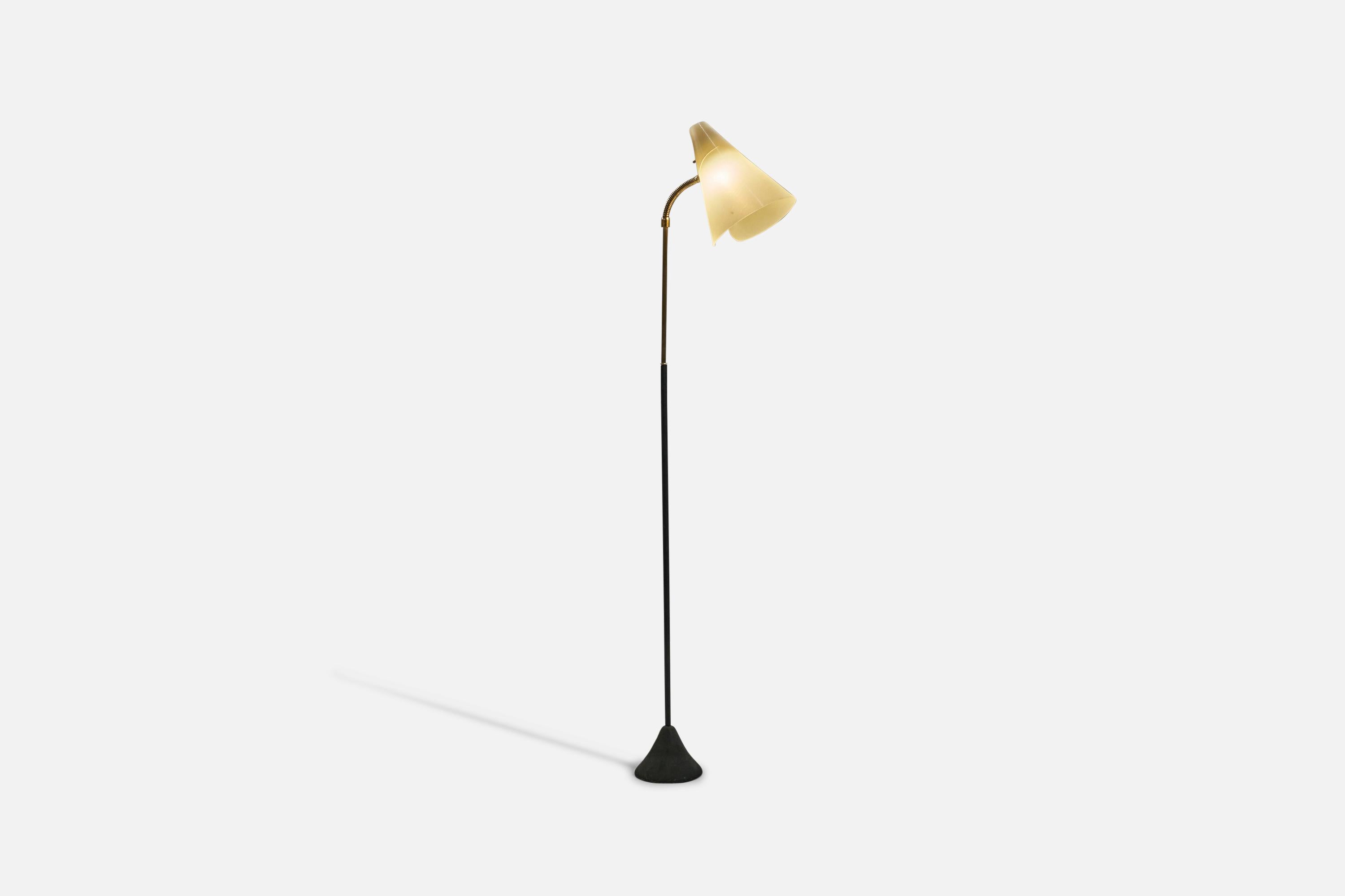 An adjustable, metal, brass and acrylic floor lamp, designed and produced by a Swedish designer, Sweden, c. 1950.

Variable dimensions. Dimensions listed refer to the lamp mounted as illustrated in the first image. 