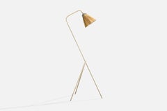 Swedish Designer, Floor Lamp, Metal, Brass, Fabric, Sweden, 1950s