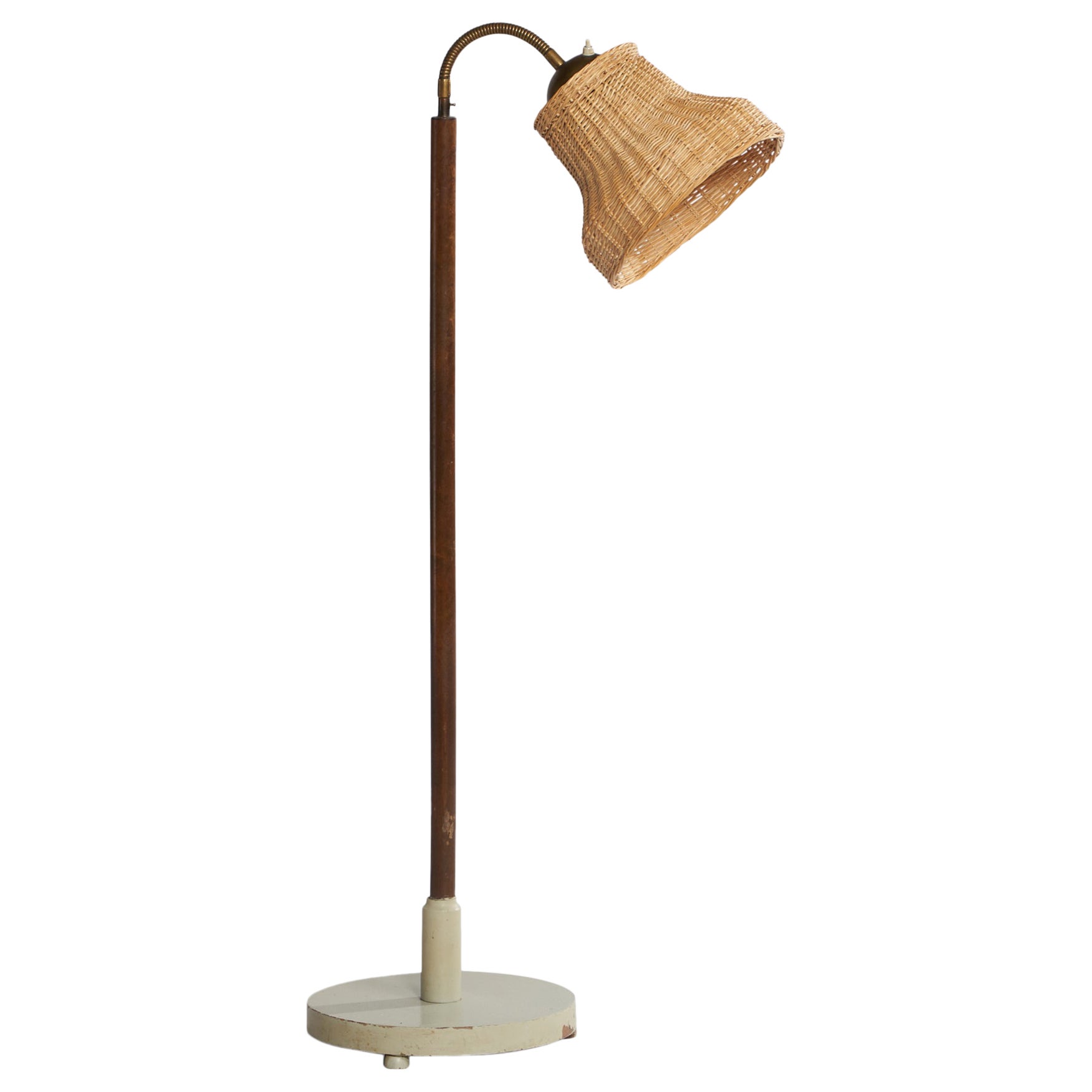 Diseñador sueco, lámpara de pie, metal, latón, ratán, madera, Suecia, años 40