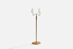 Swedish Designer, Floor Lamp, Oak, Brass, Fabric, Sweden, 1930s