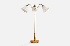 Swedish Designer, Floor Lamp, Oak, Brass, Fabric, Sweden, 1930s