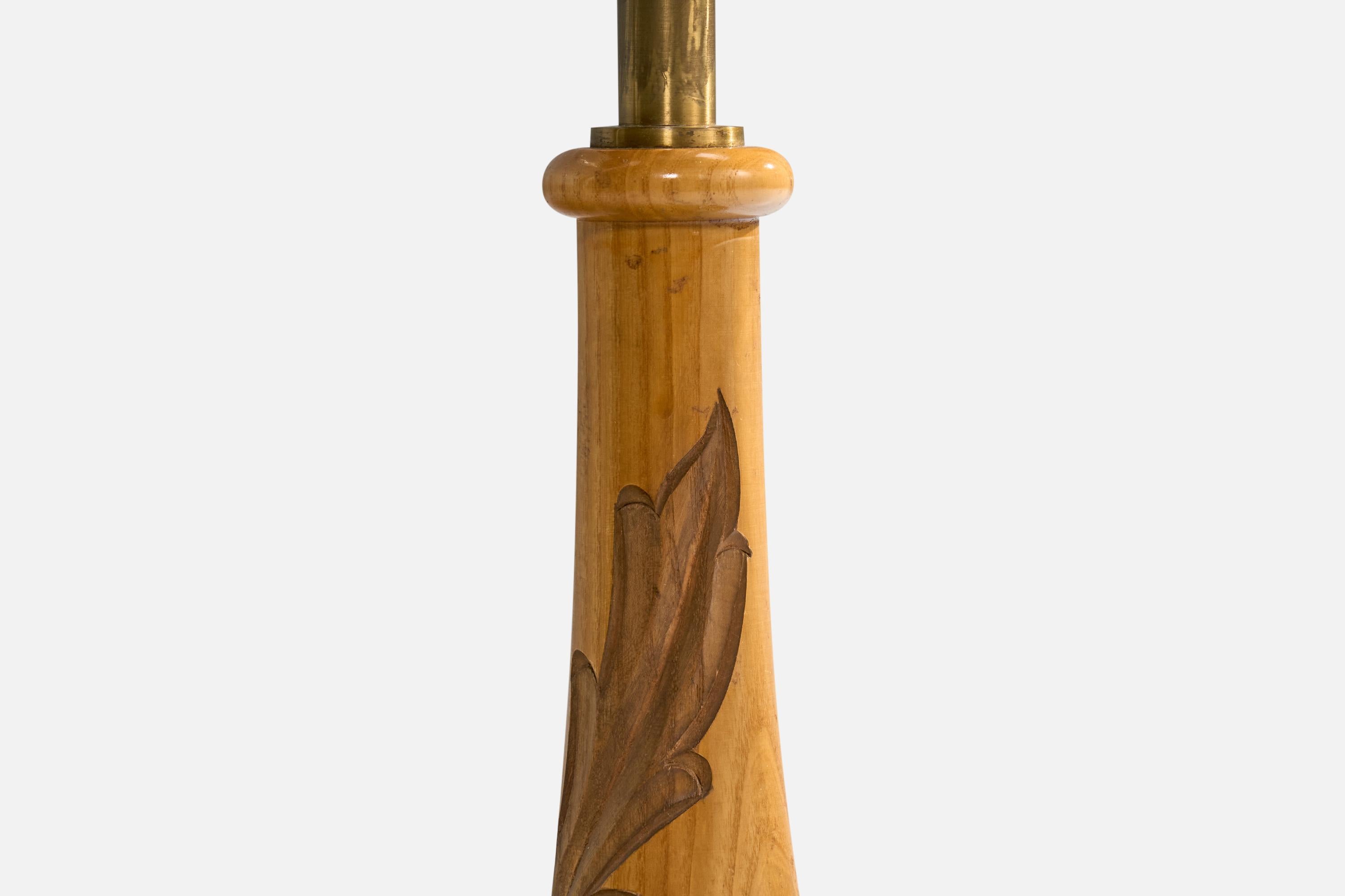 Metà XX secolo Lampada da terra di design svedese, Oak, ottone, tessuto, Svezia, anni '1930 in vendita