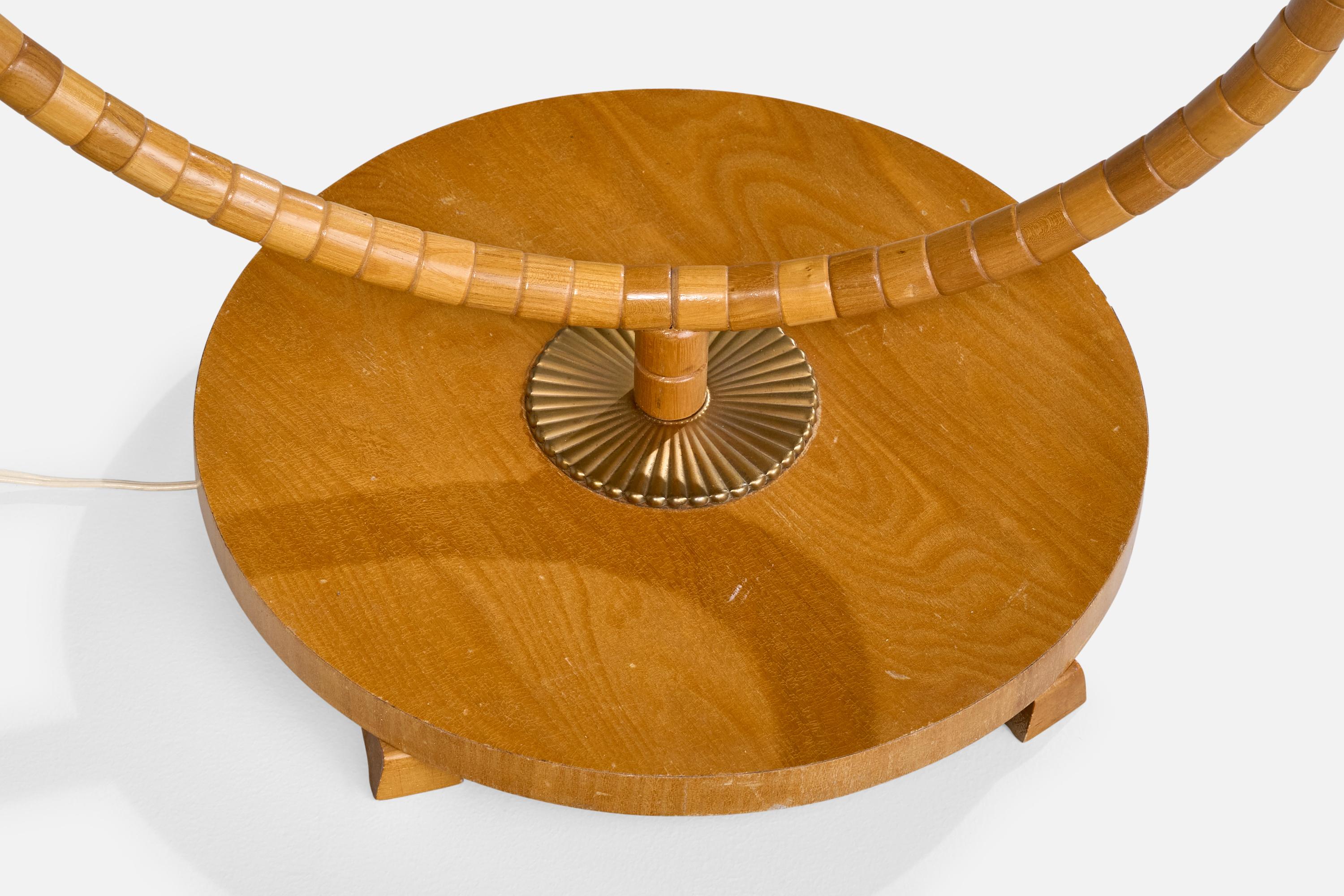 Lampada da terra di design svedese, Oak, ottone, tessuto, Svezia, anni '40 in vendita 5