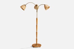 Swedish Designer, Floor Lamp, Oak, Brass, Rattan, Sweden, 1930s