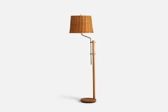 Schwedische Designerin, Stehlampe, Eiche, Messing, Rattan, Schweden, 1970er Jahre