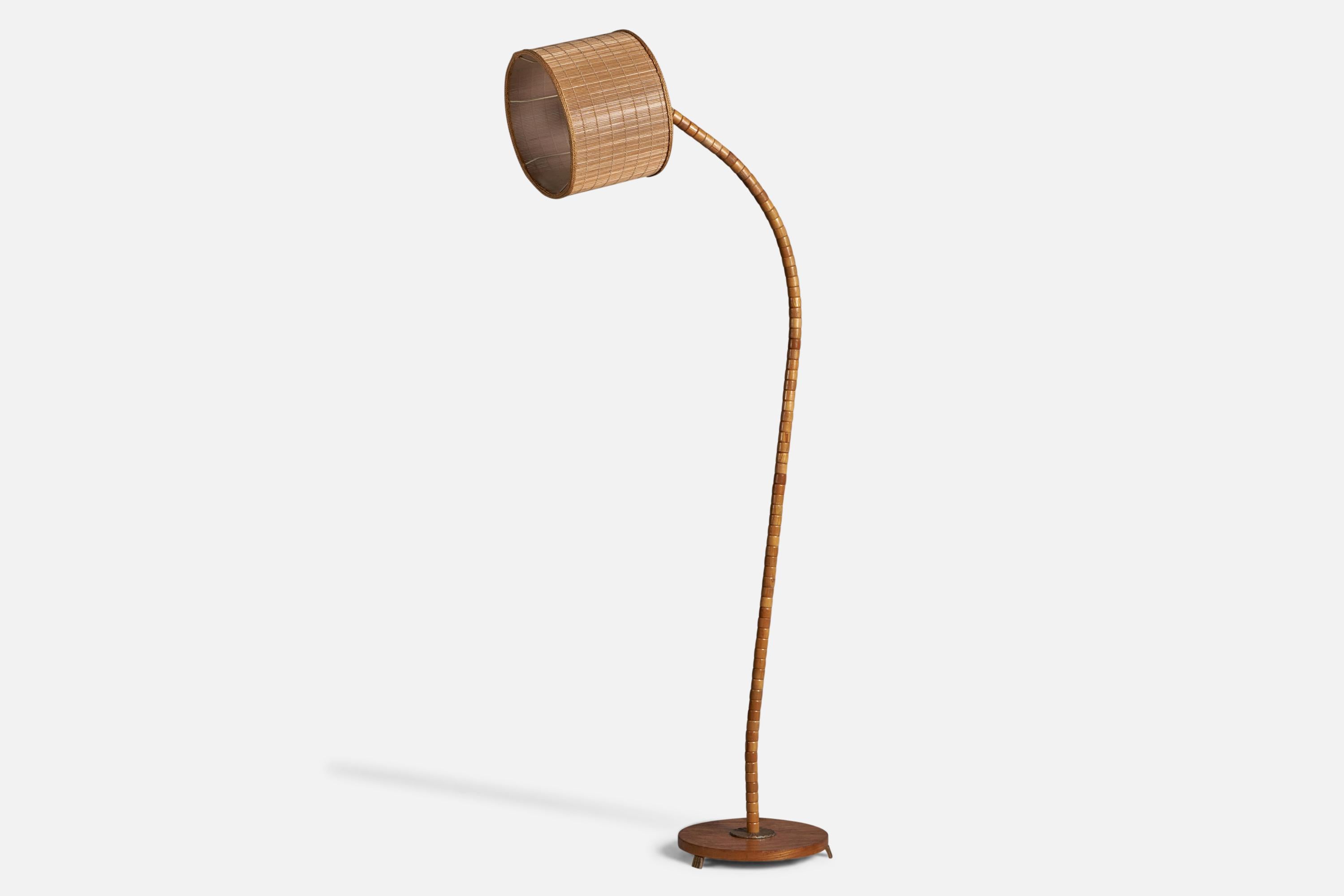 Scandinavian Modern Swedish Designer, Floor Lamp, Oak, Brass, Reed, Sweden, 1930s For Sale