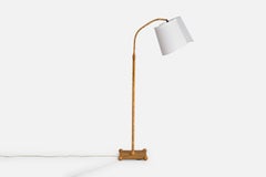 Swedish Designer, Floor Lamp, Oak, Fabric, Brass, Sweden, 1940s