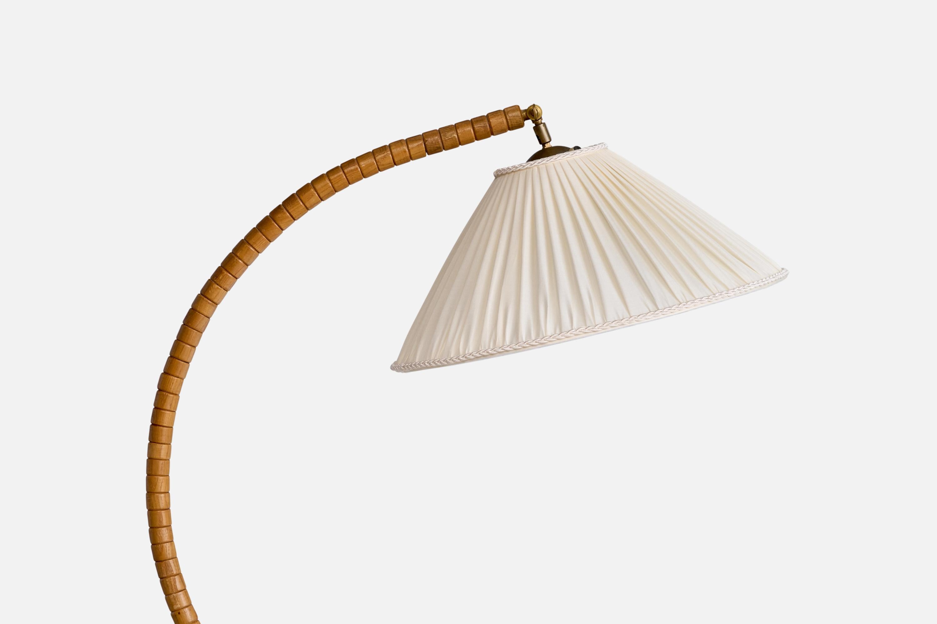 Scandinavian Modern Swedish Designer, Floor Lamp, Oak, Fabric, Brass, Sweden, 1940s