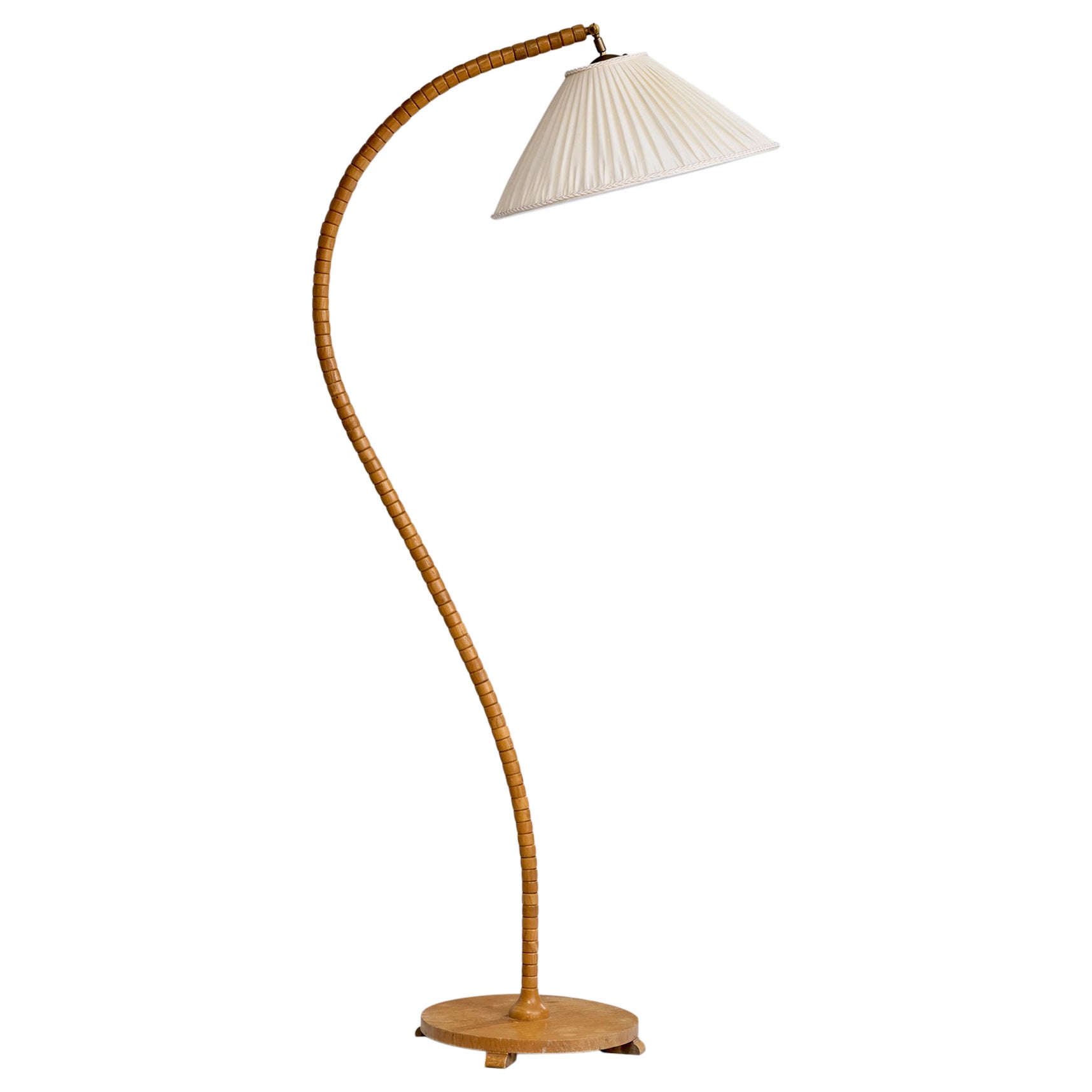 Swedish Designer, Floor Lamp, Oak, Fabric, Brass, Sweden, 1940s