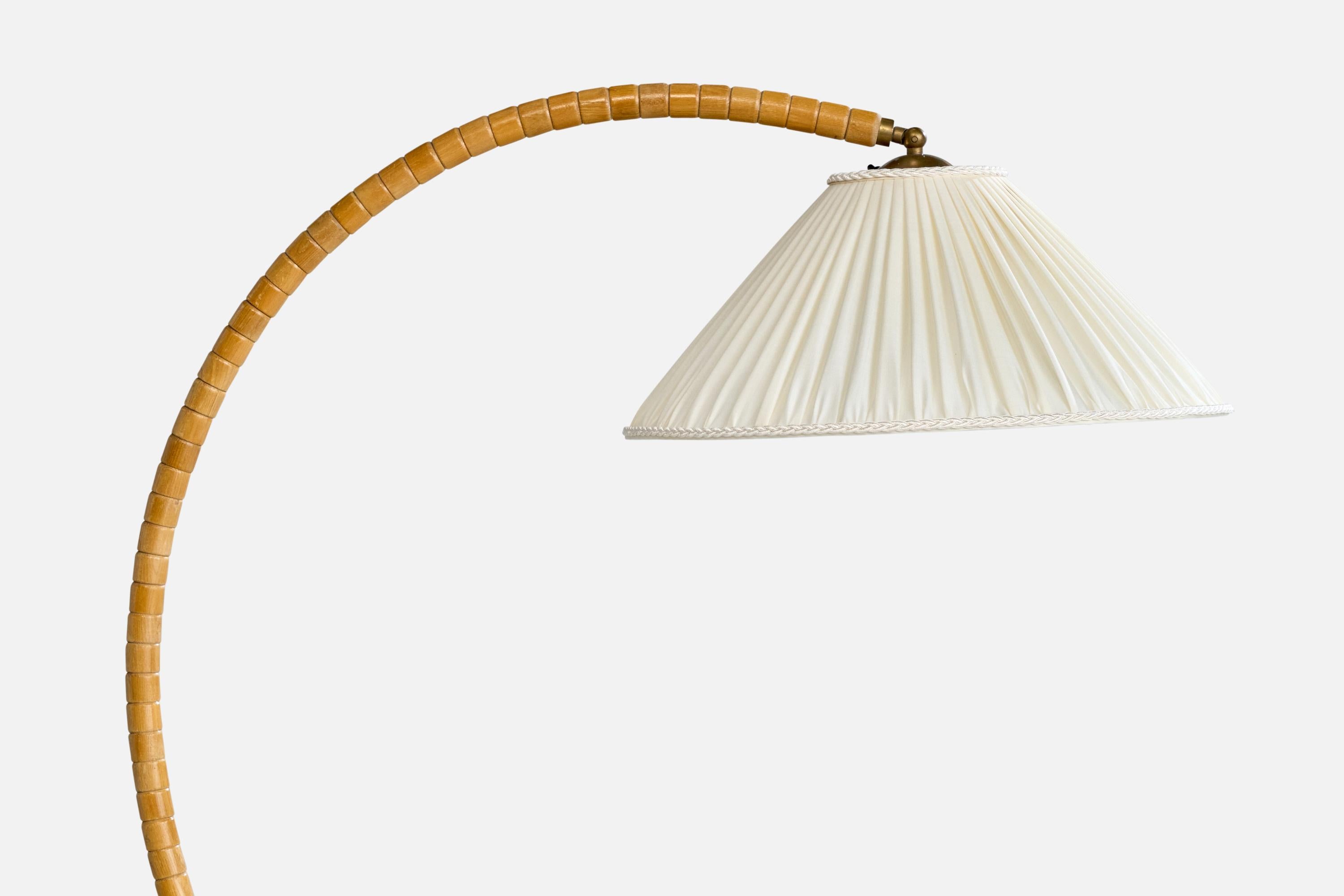 Scandinavian Modern Swedish Designer, Floor Lamp, Oak, Marble, Fabric, Sweden, 1940s