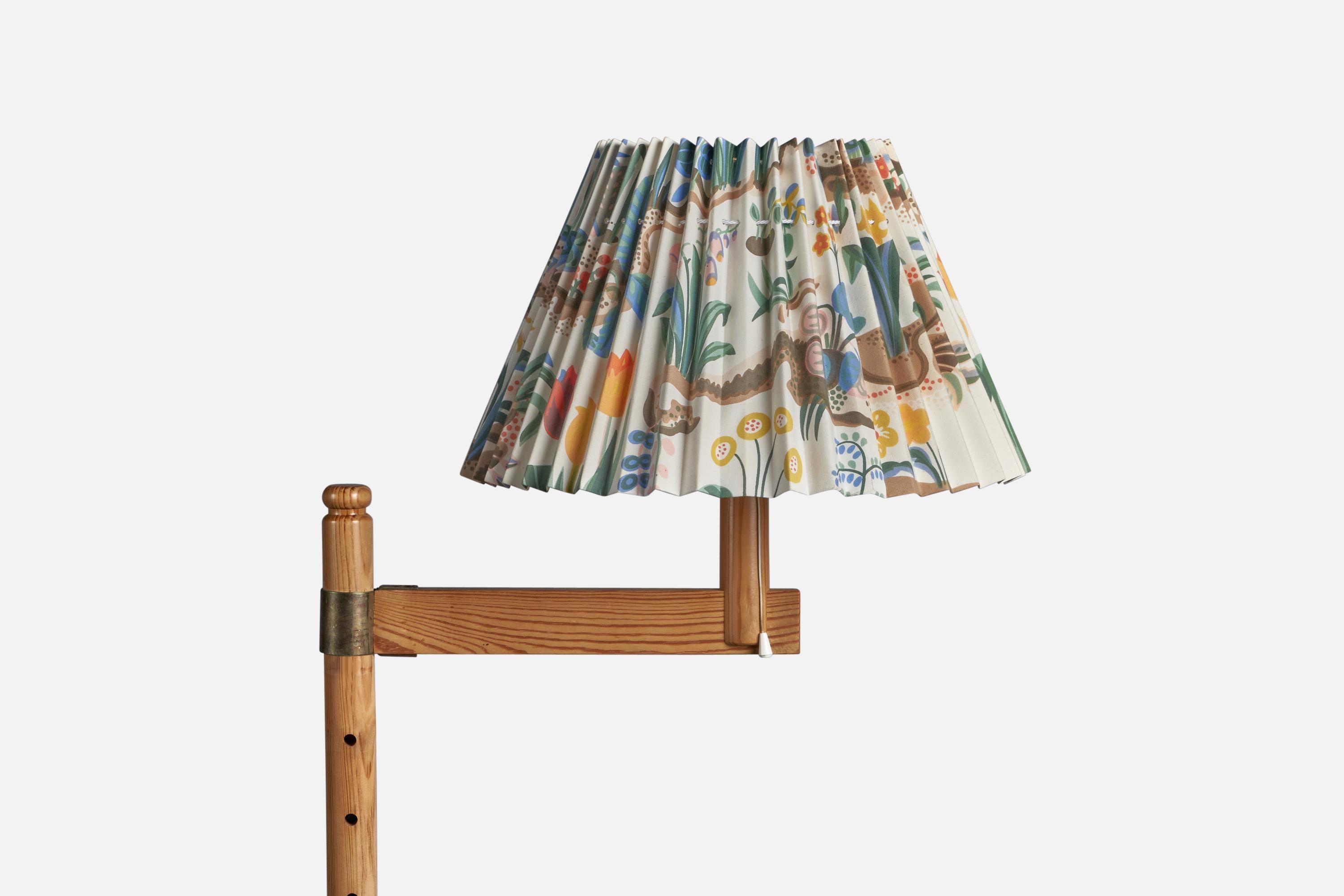 Post-Modern Swedish Designer, Floor lamp, Pine, Brass, Fabric, Sweden, 1970s For Sale
