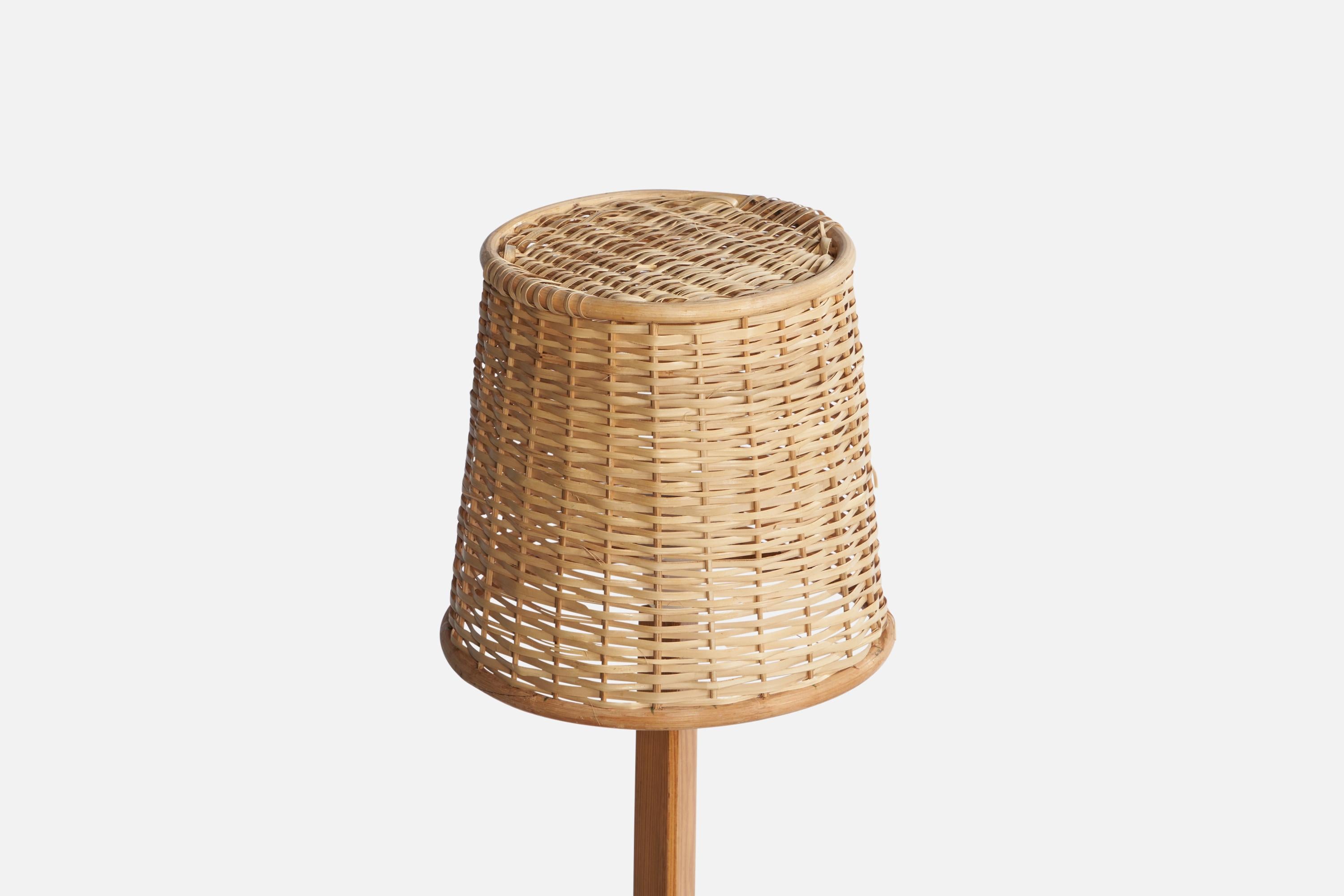 Mid-Century Modern Swedish Designer, Floor Lamp, Pine, Rattan, Bamboo, Sweden, 1960s For Sale