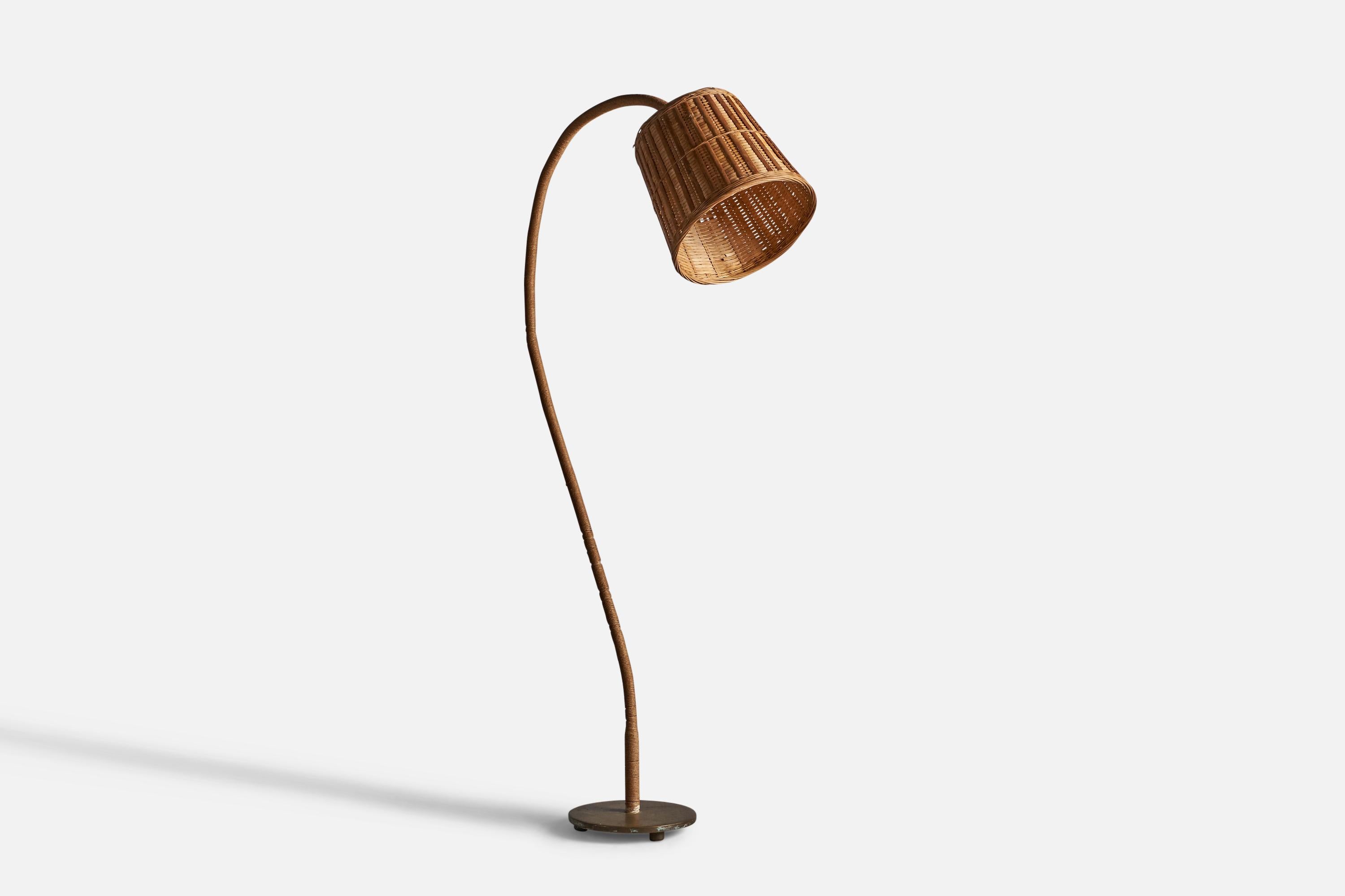 Scandinavian Modern Swedish Designer, Floor Lamp, Rattan, Cord, Brass, Wood, Sweden, 1930s For Sale