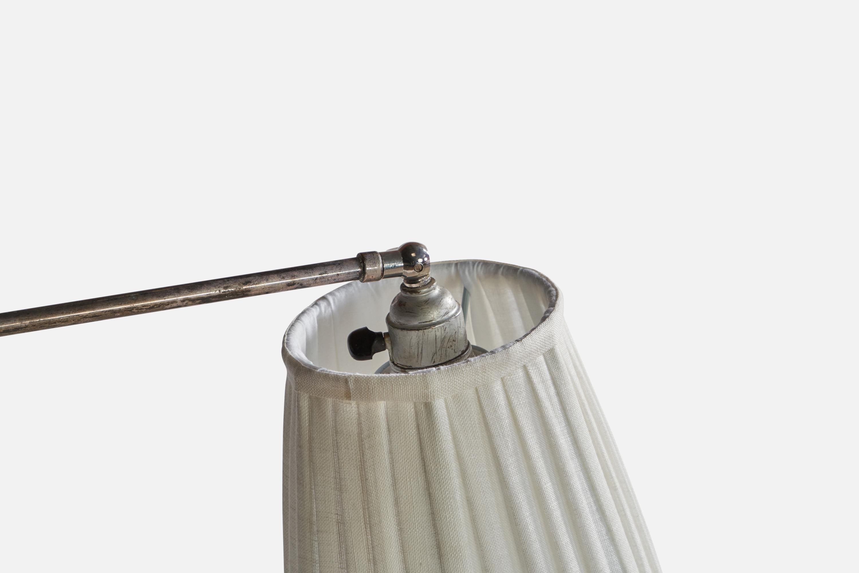 Mid-20th Century Swedish Designer, Floor Lamp, Steel, Brass, Oak, Fabric, Sweden, 1930s For Sale
