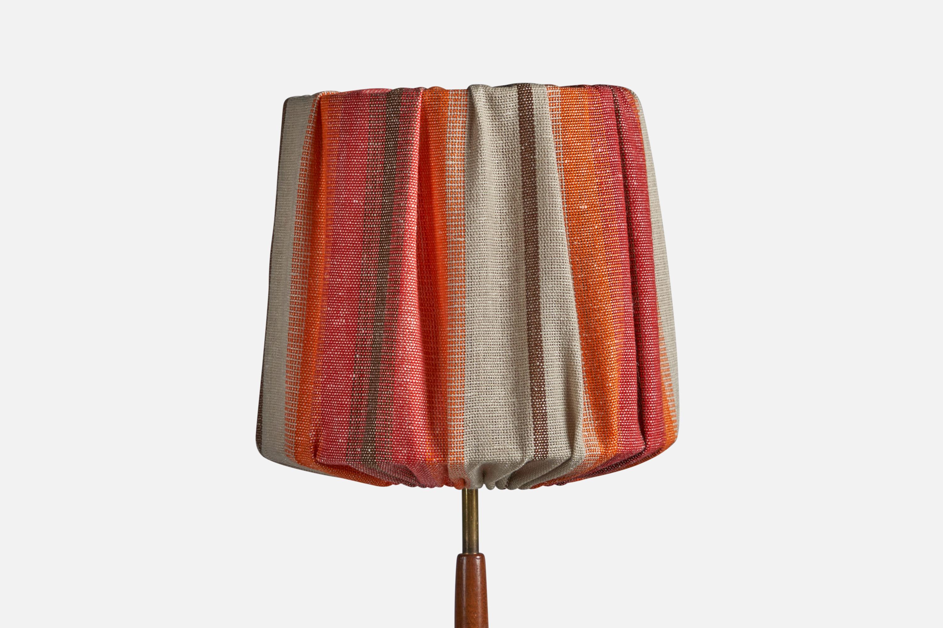 Mid-Century Modern Swedish Designer, Floor Lamp, Teak, Brass, Fabric, Sweden, 1950s For Sale