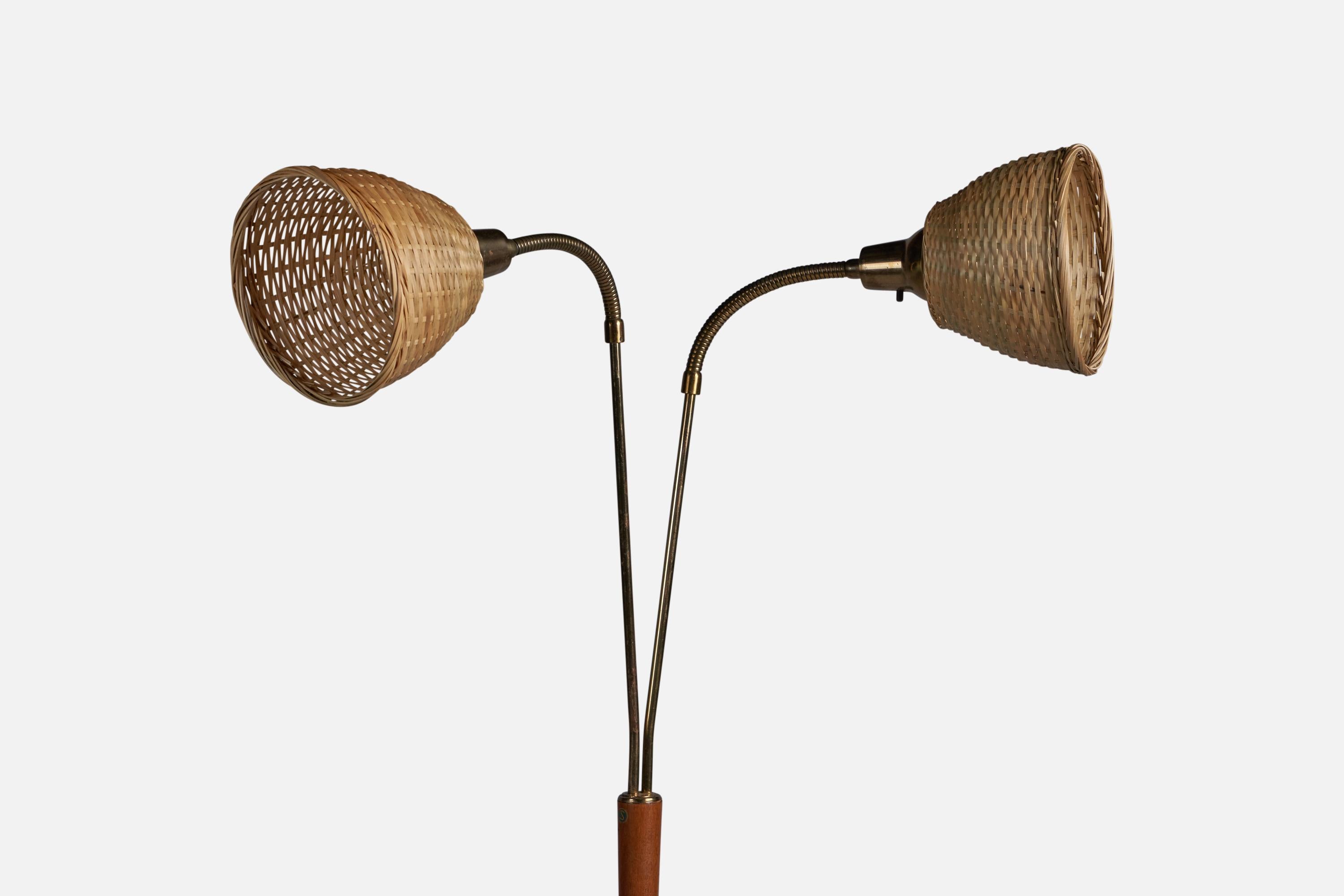 Mid-Century Modern Swedish Designer, Floor Lamp, Teak, Brass, Rattan, Sweden 1950s For Sale