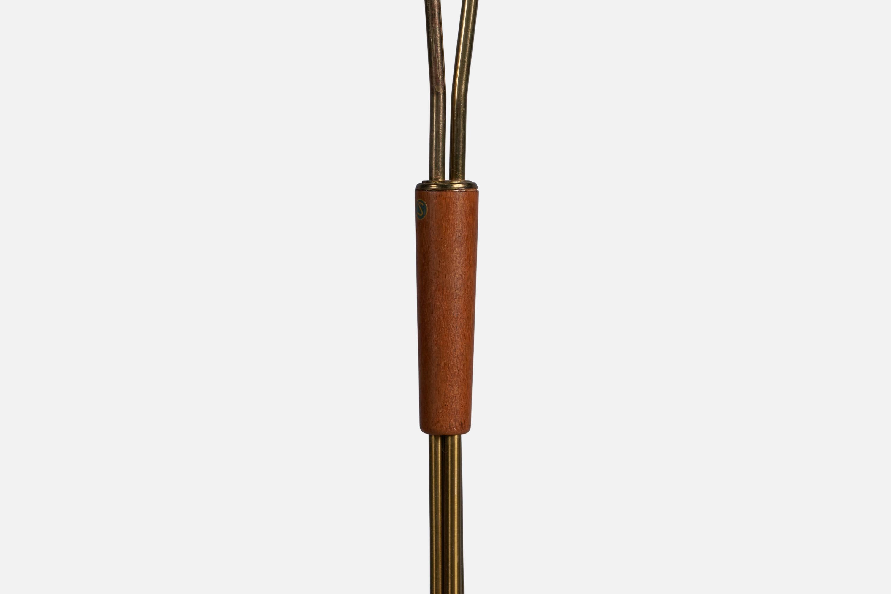 Mid-20th Century Swedish Designer, Floor Lamp, Teak, Brass, Rattan, Sweden 1950s For Sale