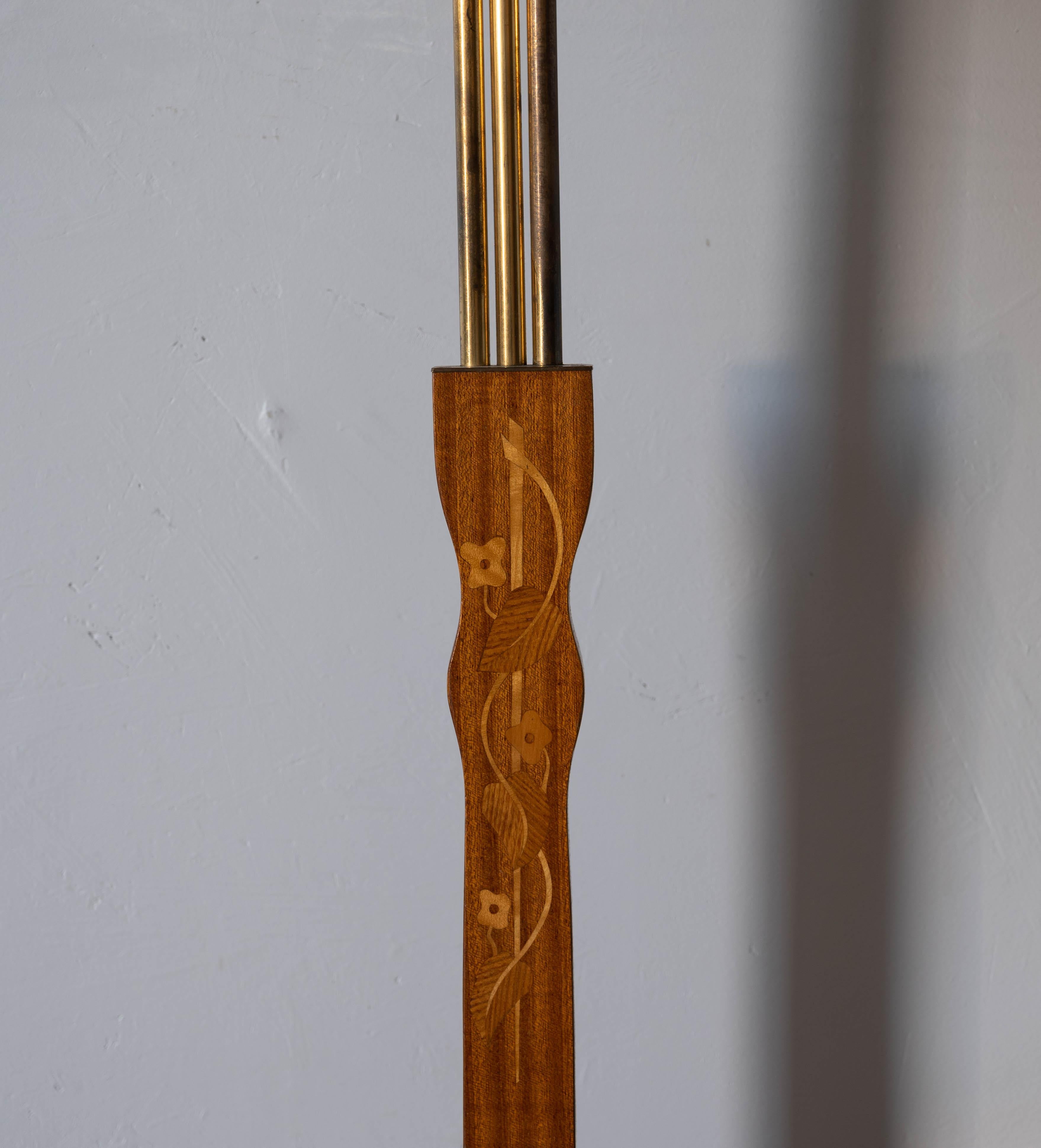 Swedish Designer, Floor Lamp with Table, Brass, Wood, Fabric, Sweden, 1930s 6