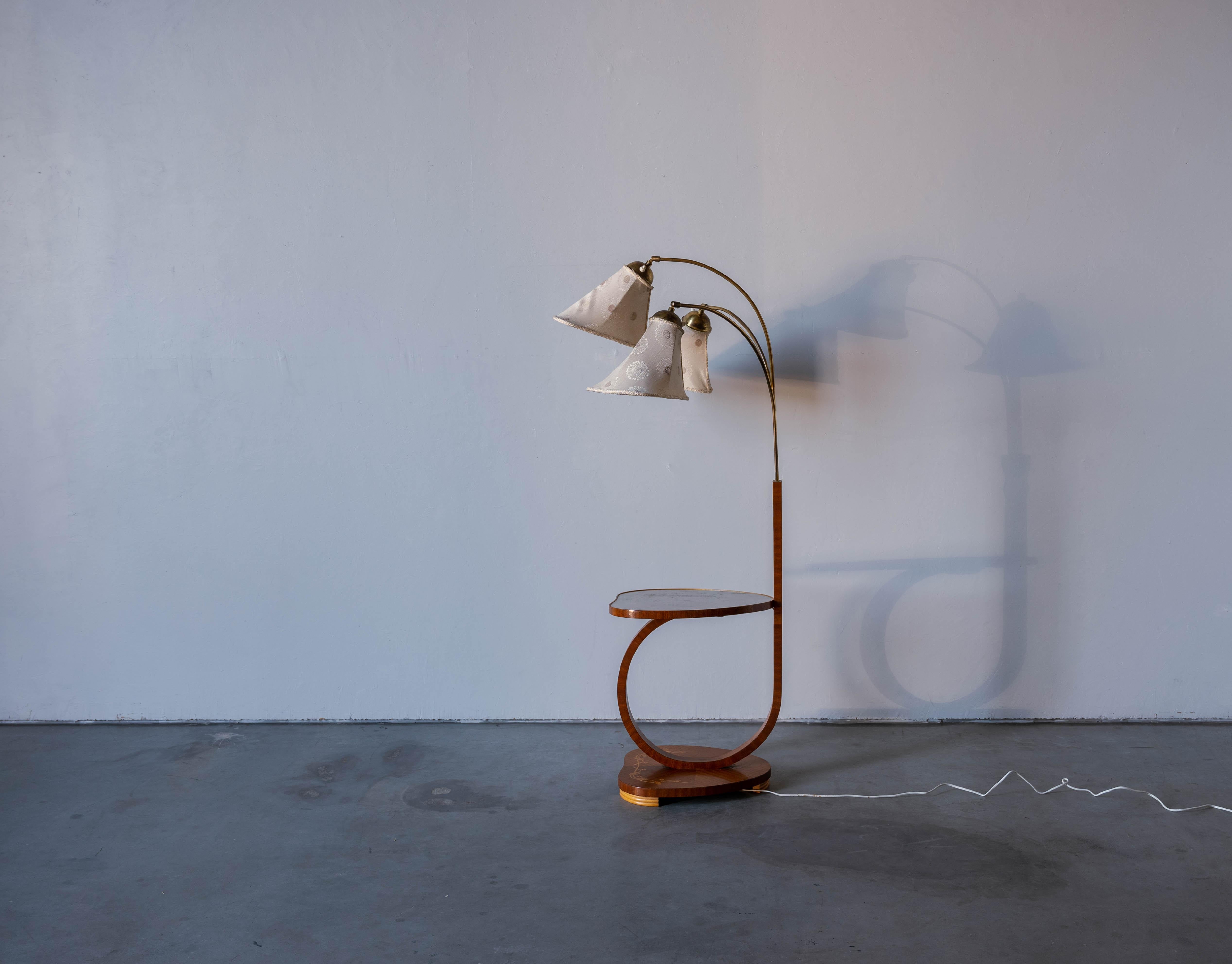 Scandinavian Modern Swedish Designer, Floor Lamp with Table, Brass, Wood, Fabric, Sweden, 1930s