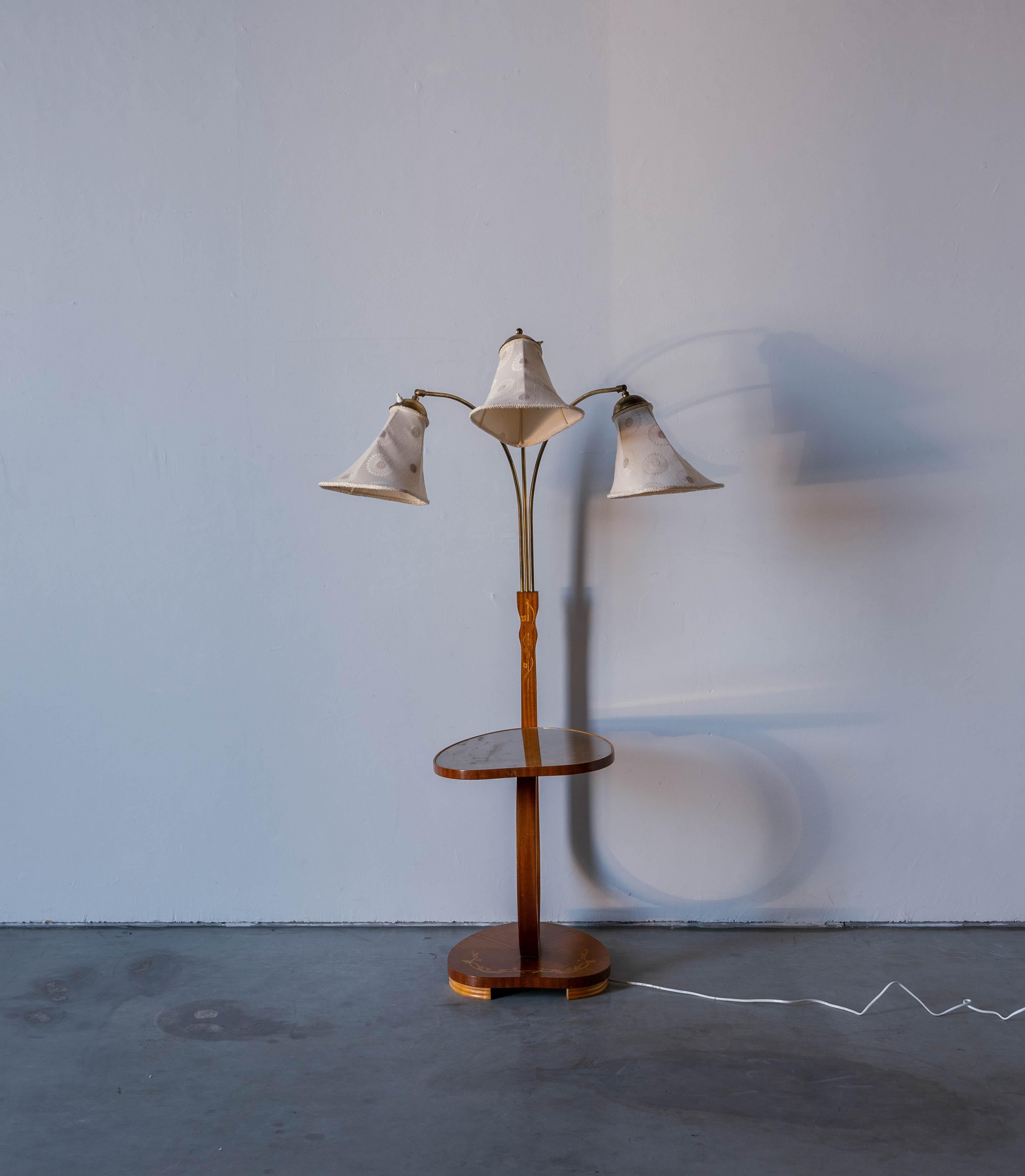 Swedish Designer, Floor Lamp with Table, Brass, Wood, Fabric, Sweden, 1930s In Good Condition In High Point, NC