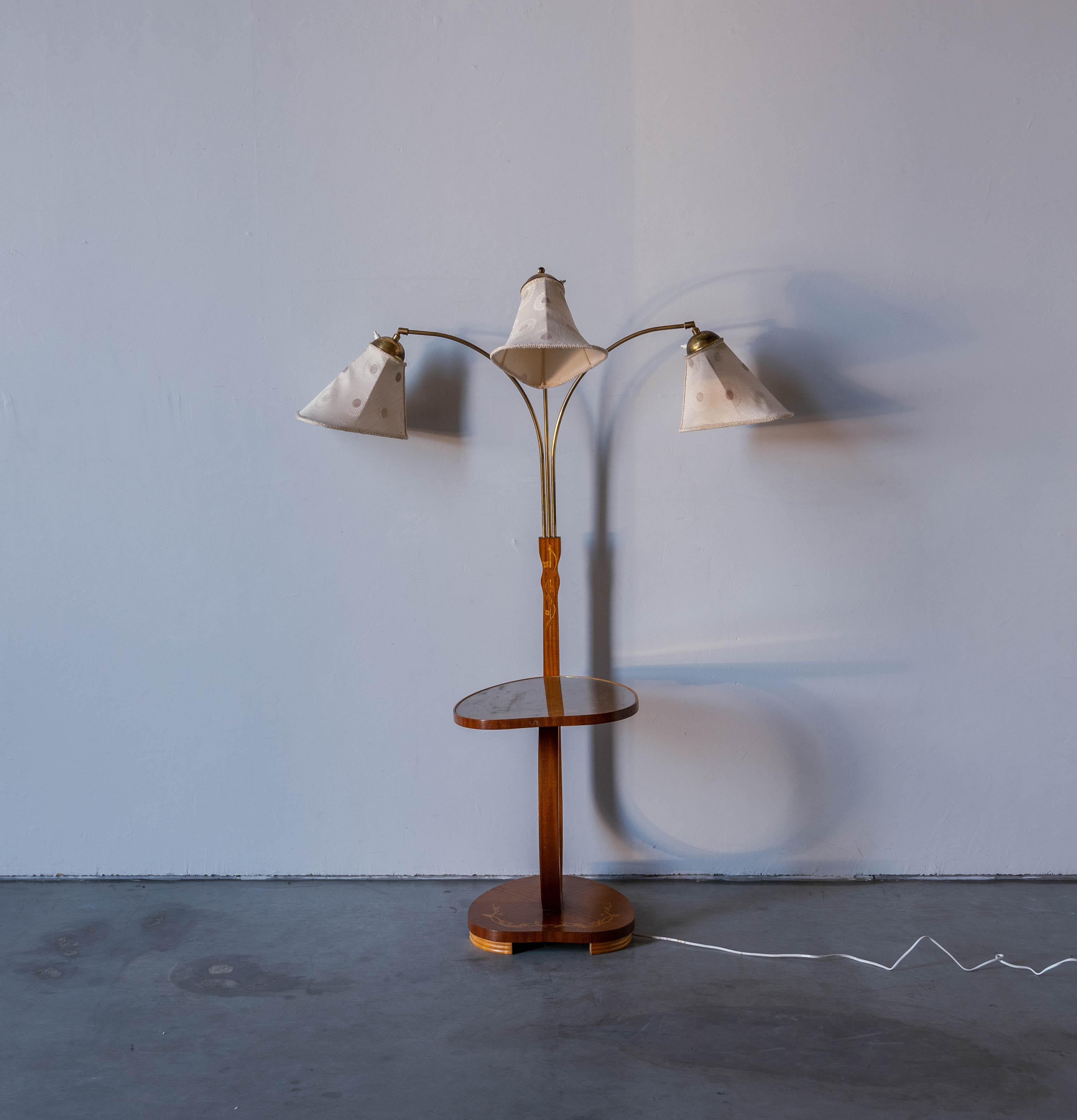 Mid-20th Century Swedish Designer, Floor Lamp with Table, Brass, Wood, Fabric, Sweden, 1930s