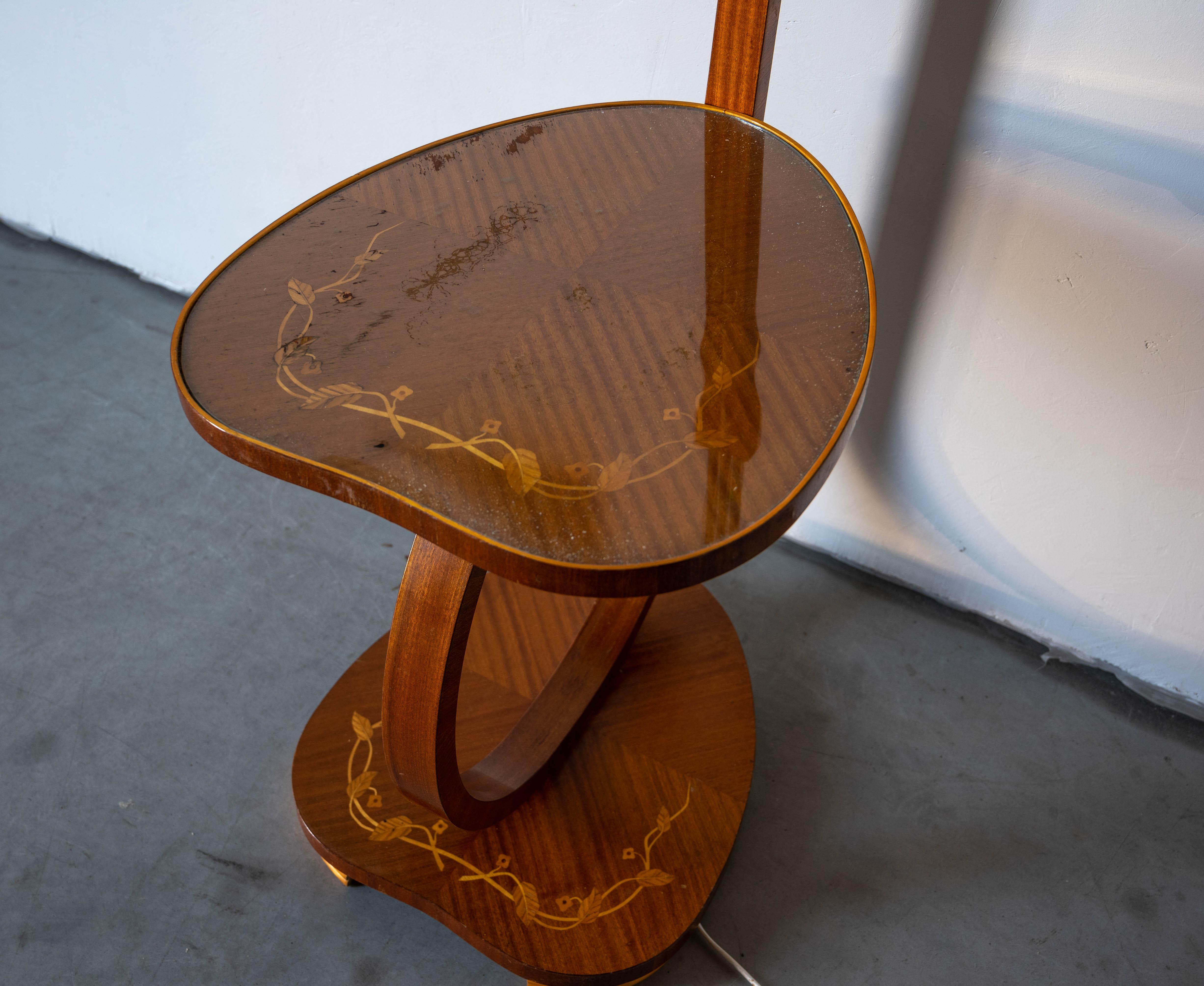Swedish Designer, Floor Lamp with Table, Brass, Wood, Fabric, Sweden, 1930s 1
