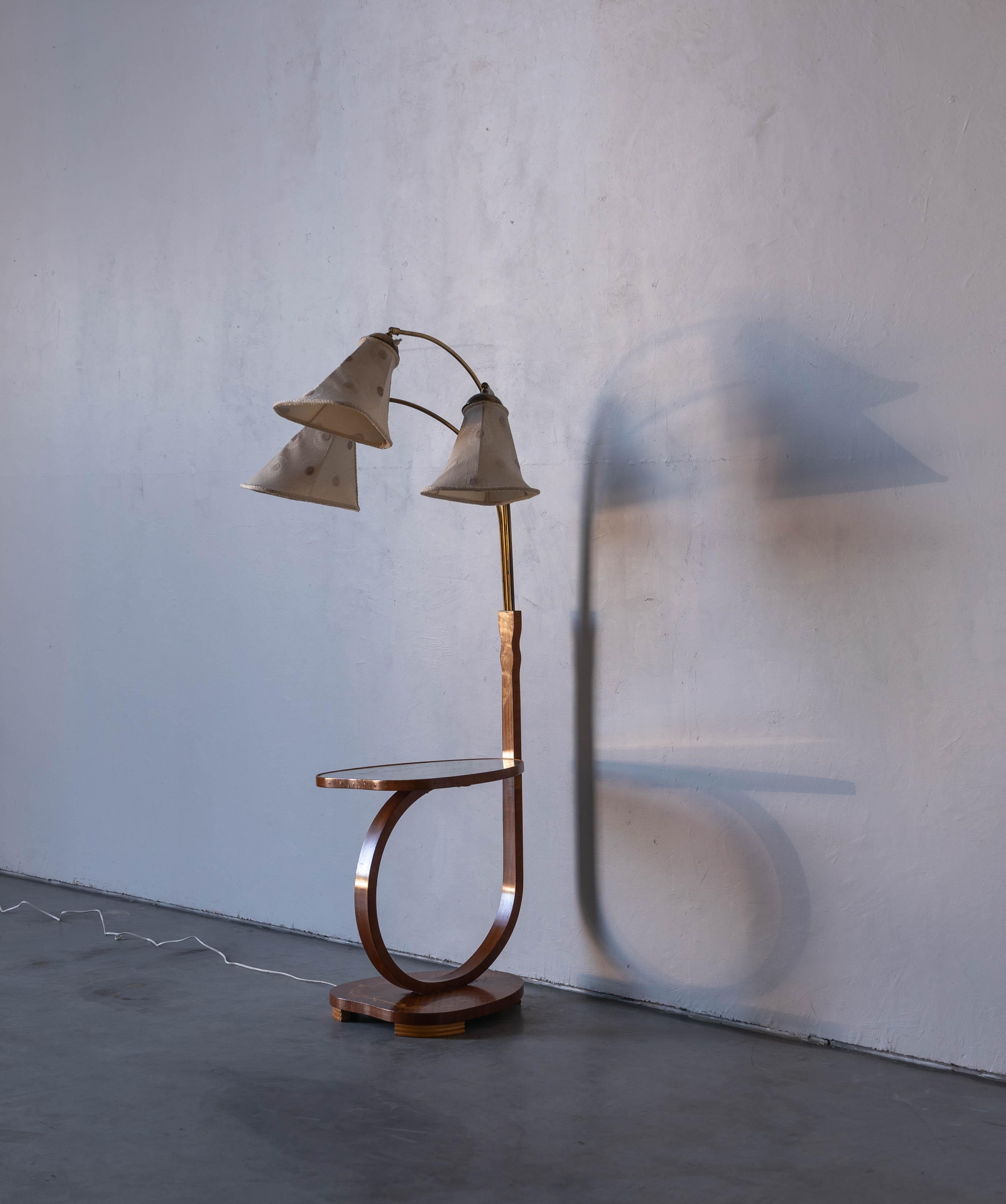 Swedish Designer, Floor Lamp with Table, Brass, Wood, Fabric, Sweden, 1930s 2