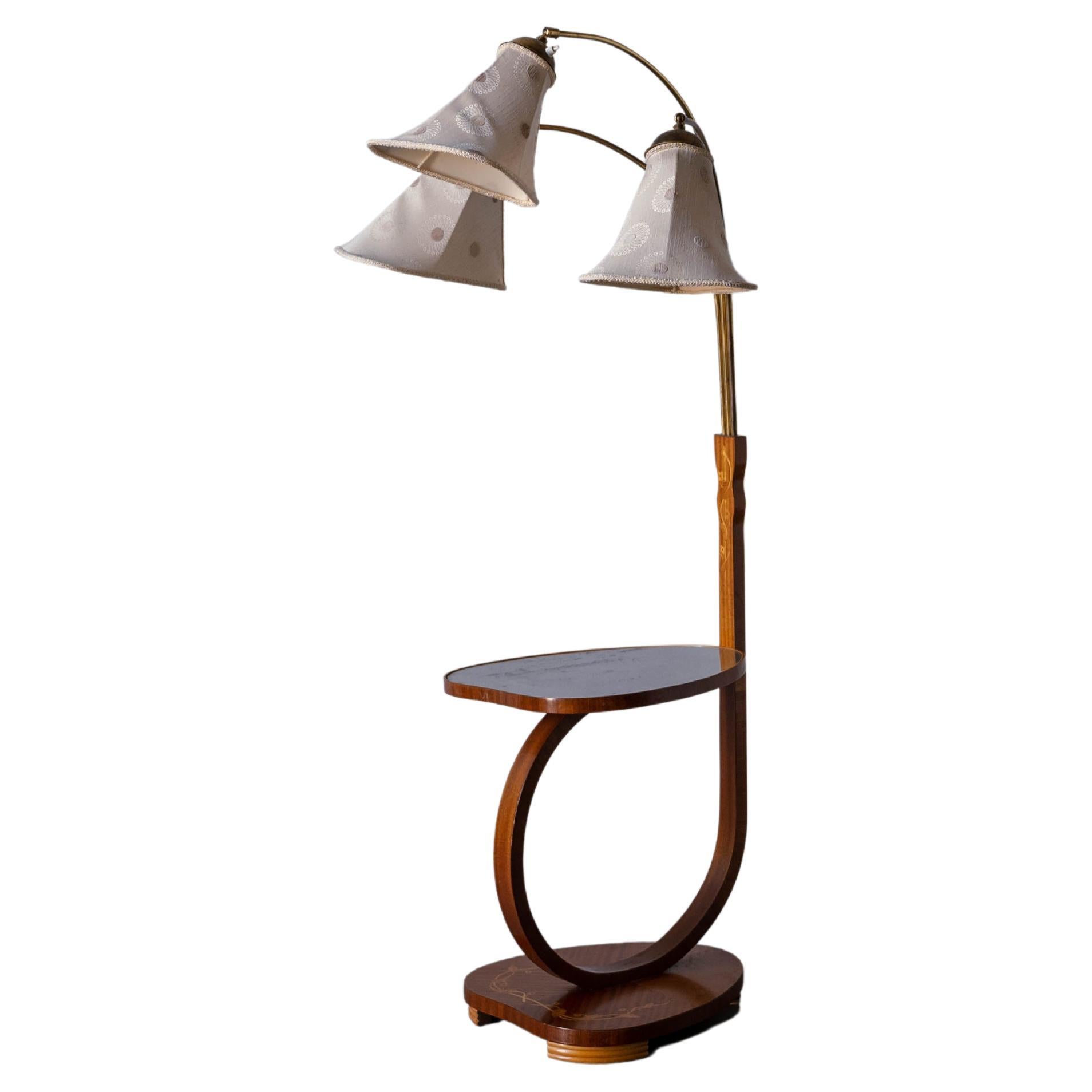 Swedish Designer, Floor Lamp with Table, Brass, Wood, Fabric, Sweden, 1930s