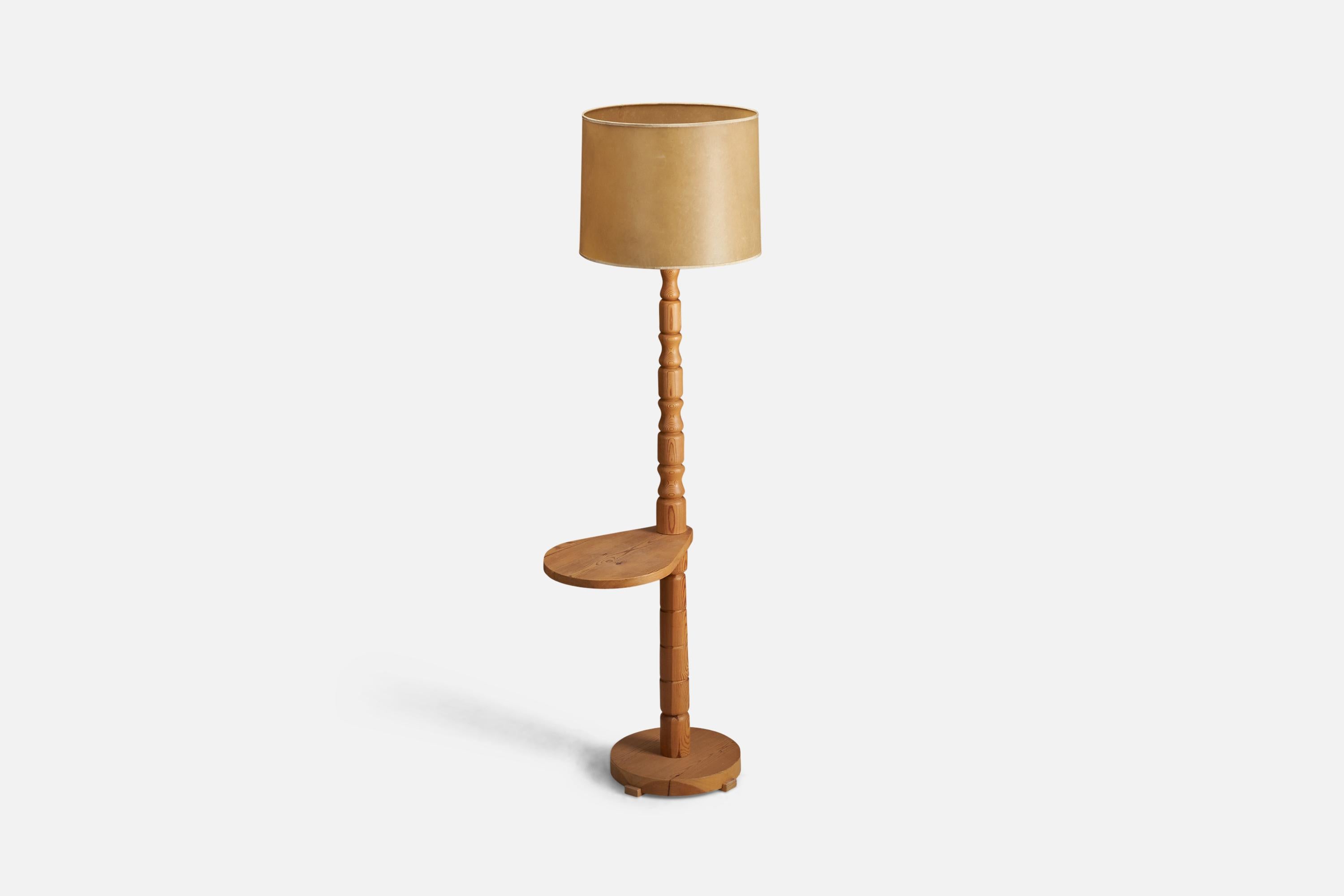 Mid-Century Modern Swedish Designer, Floor Lamp with Table, Pine, Paper, Sweden, 1970s For Sale