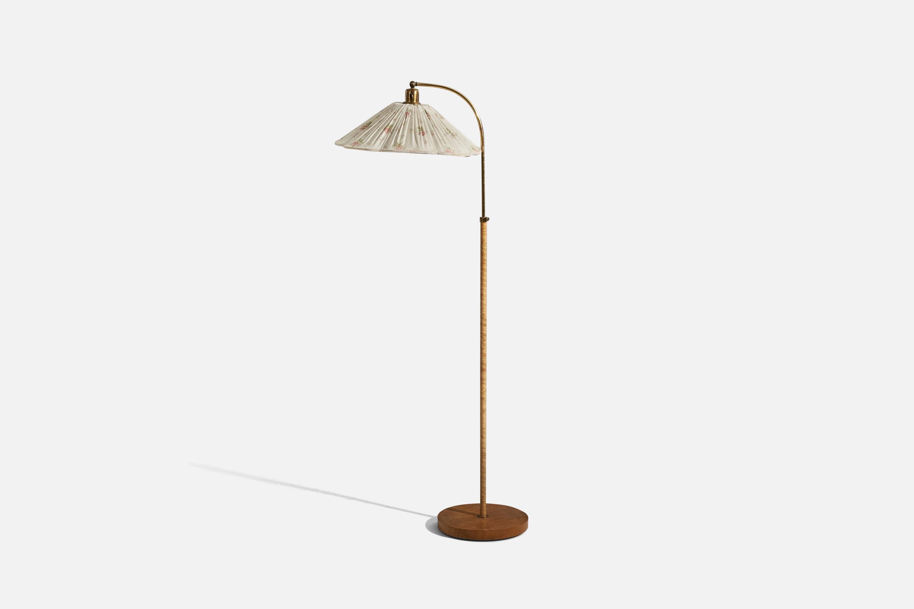 Scandinavian Modern Swedish Designer, Floor Lamp, Wood, Brass, Fabric, Sweden, 1930s