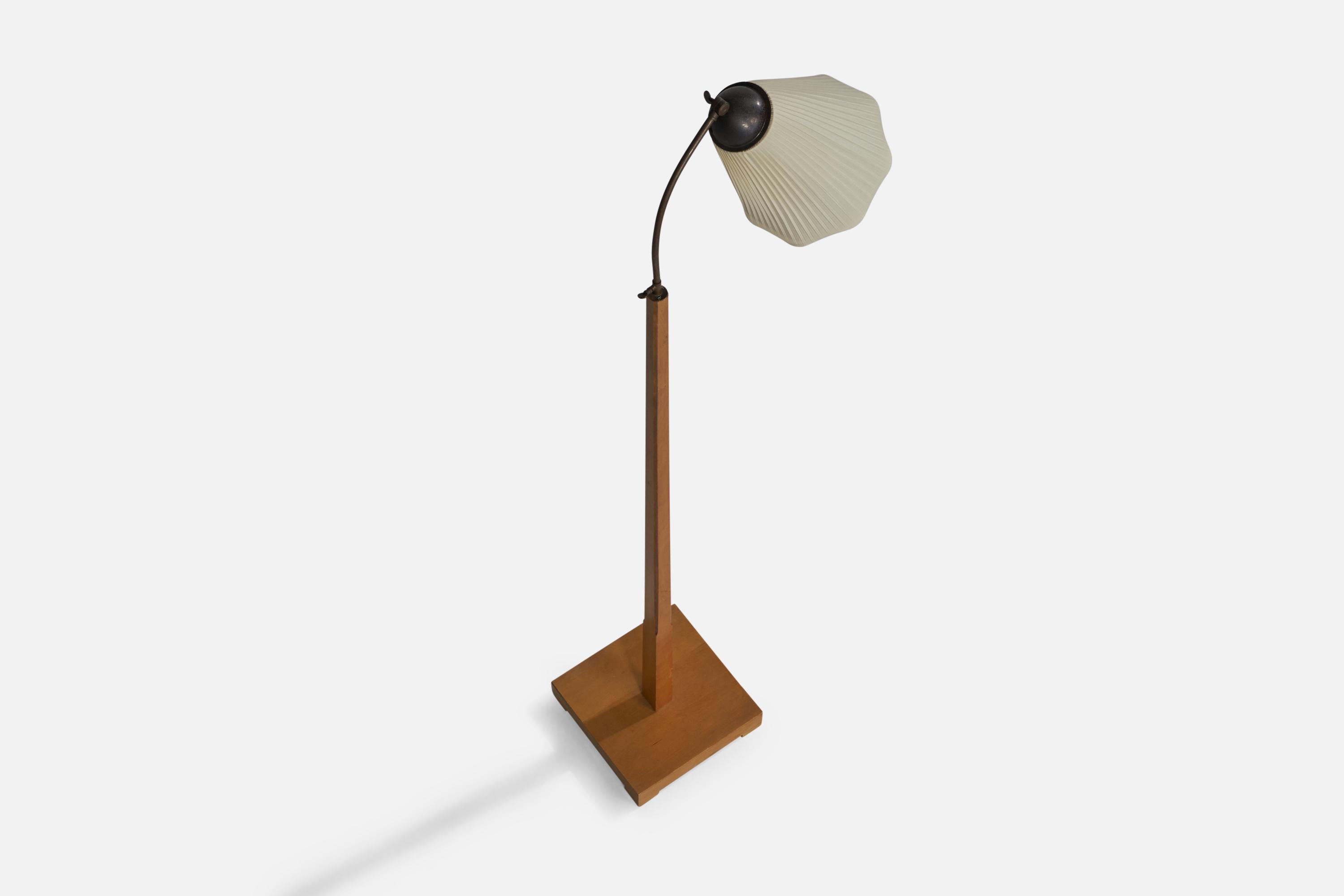 Swedish Designer, Floor Lamp, Wood, Brass, Fabric, Sweden, 1930s In Good Condition For Sale In High Point, NC