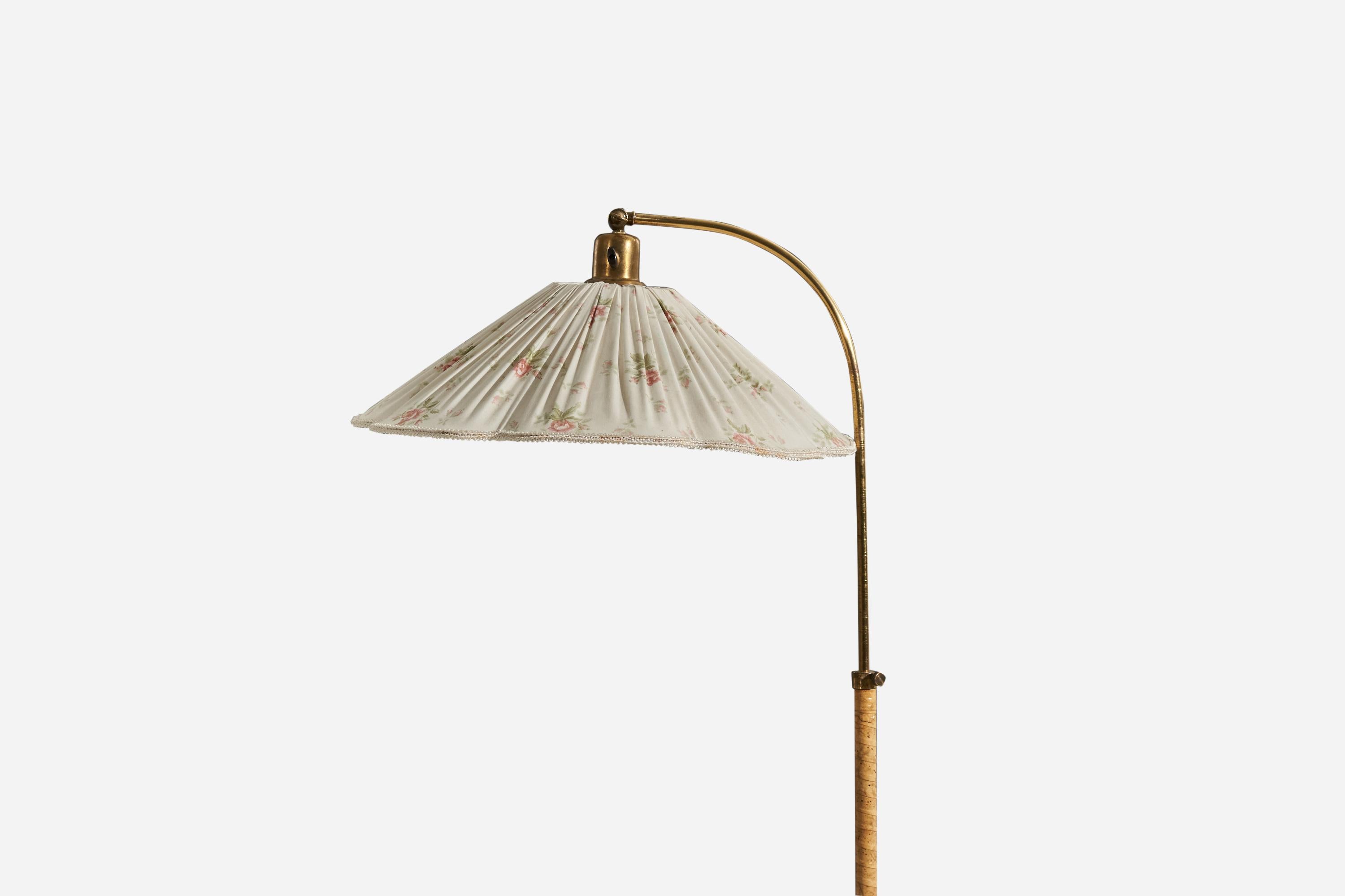 Swedish Designer, Floor Lamp, Wood, Brass, Fabric, Sweden, 1930s In Good Condition In High Point, NC