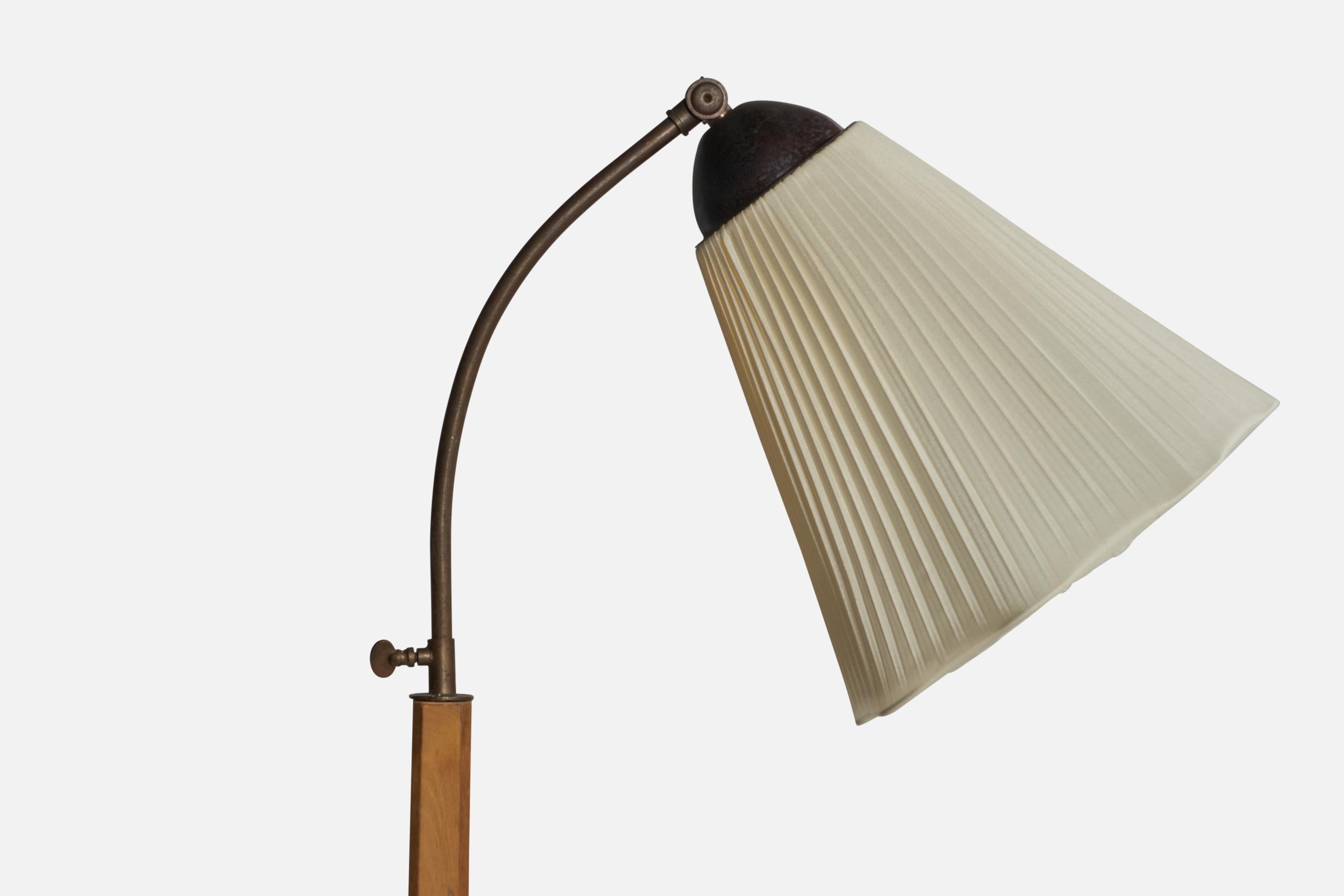 Mid-20th Century Swedish Designer, Floor Lamp, Wood, Brass, Fabric, Sweden, 1930s For Sale