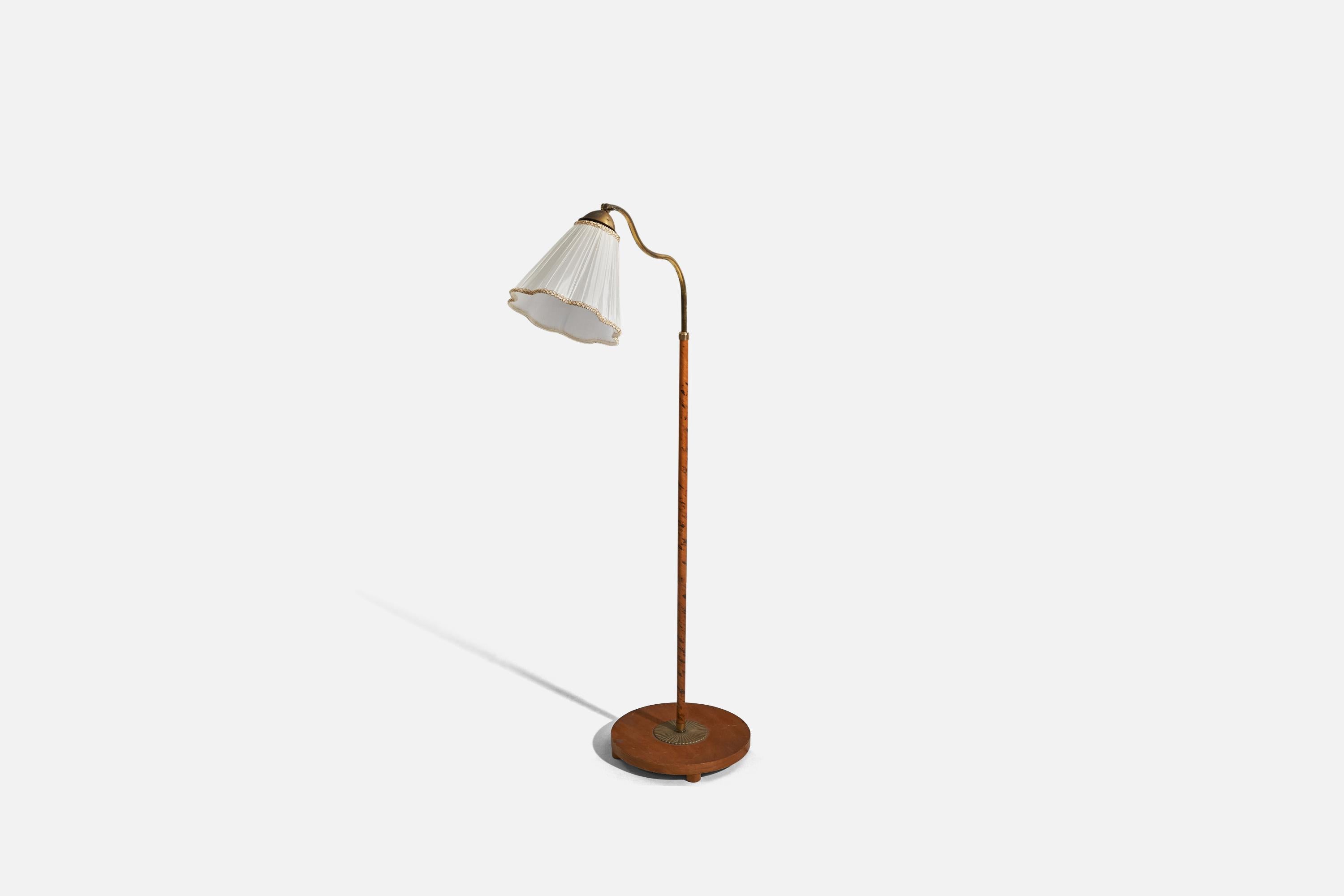 Mid-20th Century Swedish Designer, Floor Lamp, Wood, Brass, Fabric, Sweden, 1930s For Sale