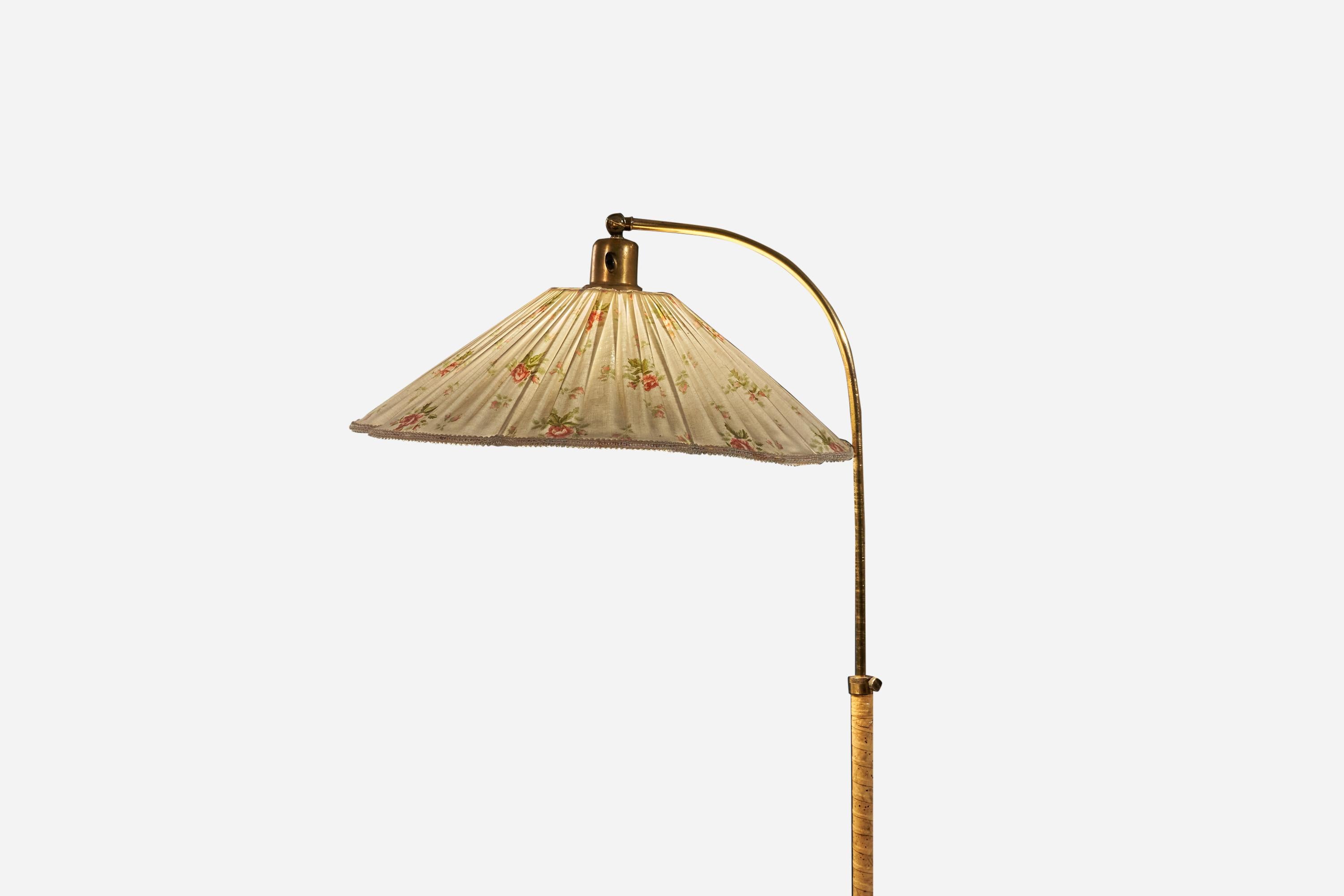 Mid-20th Century Swedish Designer, Floor Lamp, Wood, Brass, Fabric, Sweden, 1930s