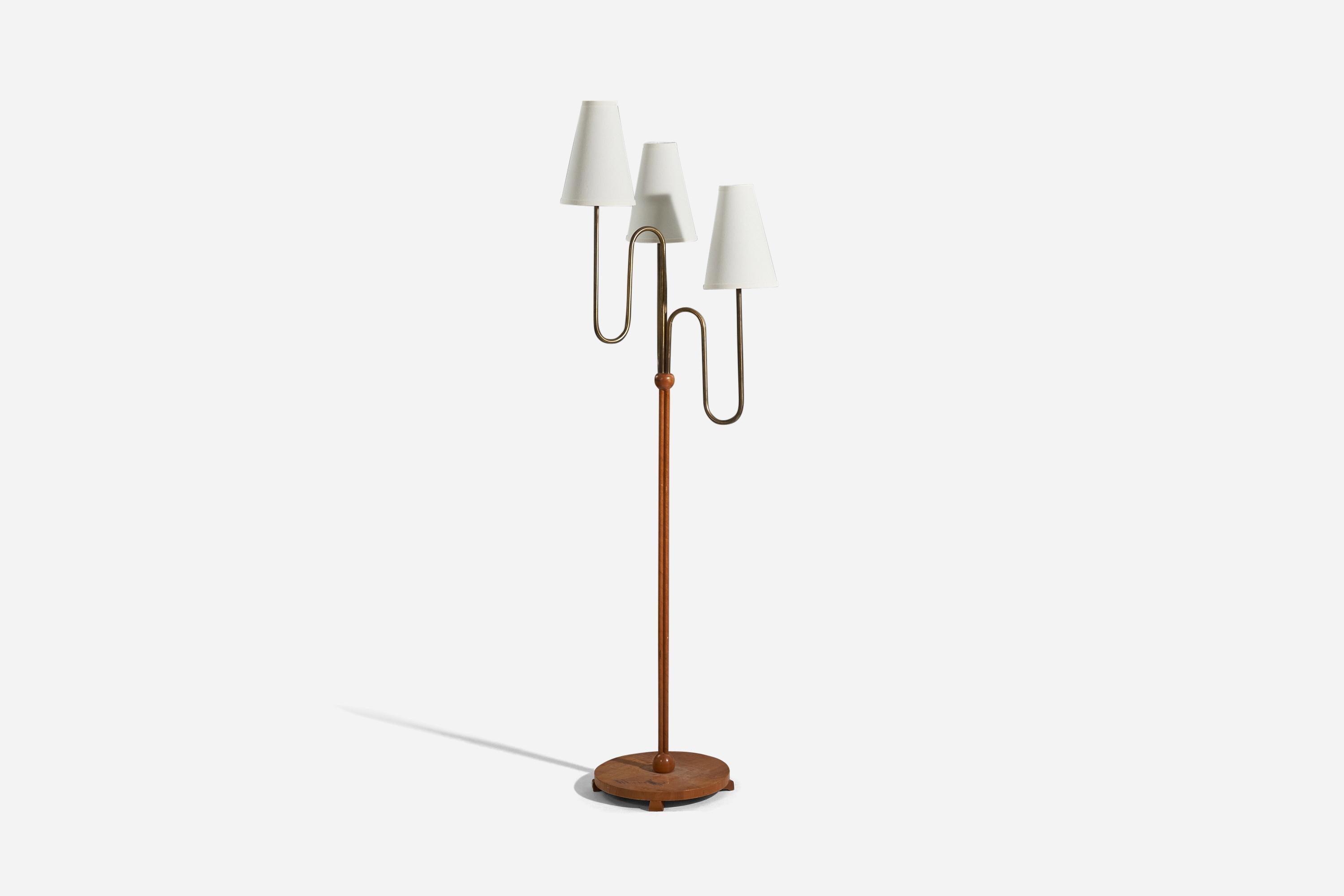 Mid-20th Century Swedish Designer, Floor Lamp, Wood, Brass, Fabric, Sweden, 1930s