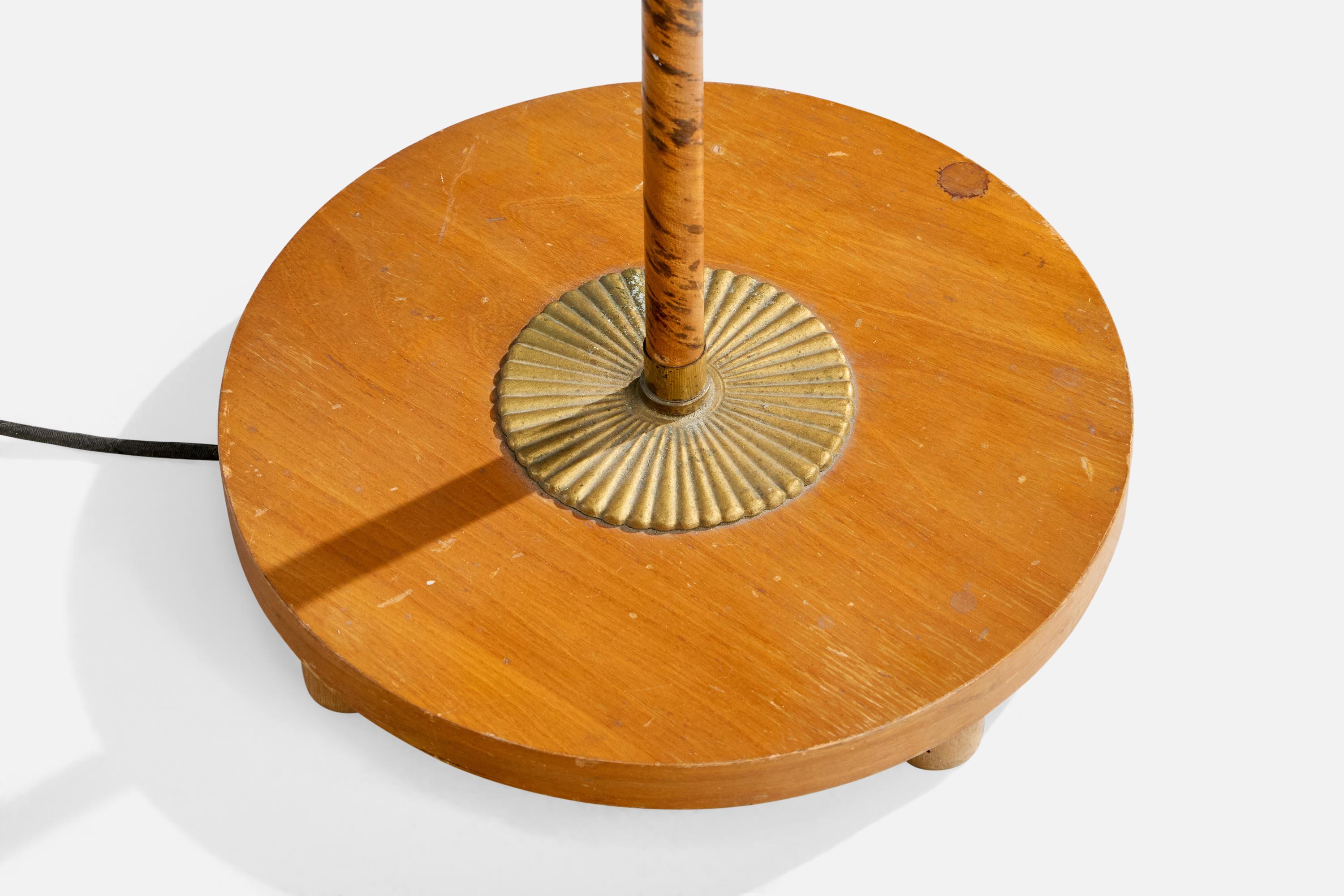 Swedish Designer, Floor Lamp, Wood, Brass, Fabric, Sweden, 1930s For Sale 4