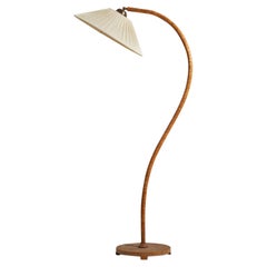 Swedish Designer, Floor Lamp, Wood, Brass, Fabric, Sweden, 1930s