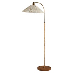 Swedish Designer, Floor Lamp, Wood, Brass, Fabric, Sweden, 1930s
