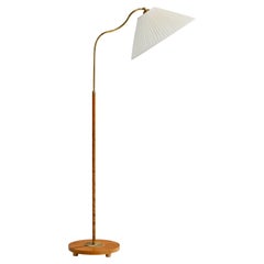 Swedish Designer, Floor Lamp, Wood, Brass, Fabric, Sweden, 1930s