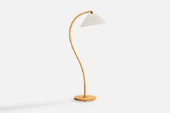 Swedish Designer, Floor Lamp, Wood, Brass, Fabric, Sweden, 1940s