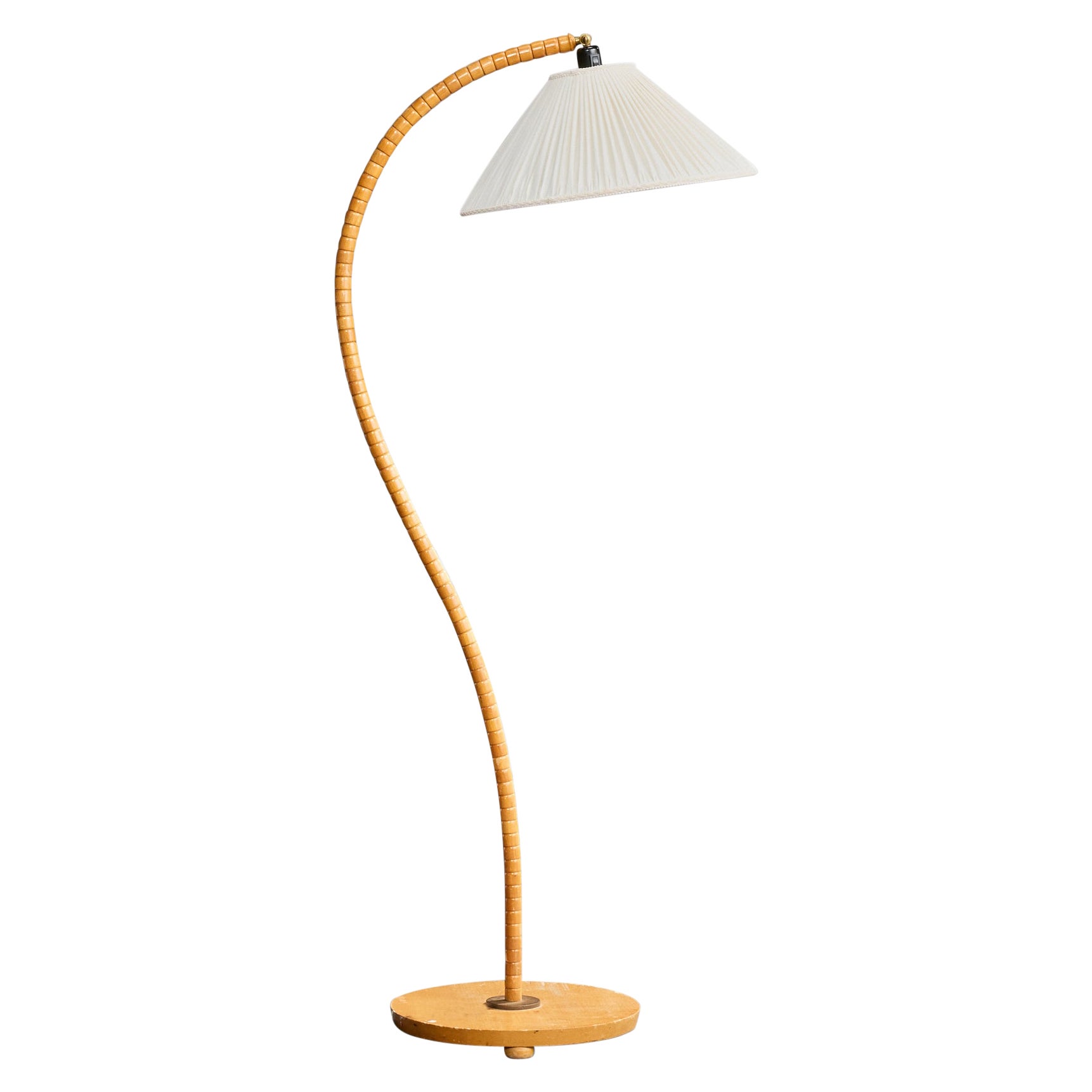 Diseñador sueco, lámpara de pie, madera, latón, tela, Suecia, años 40
