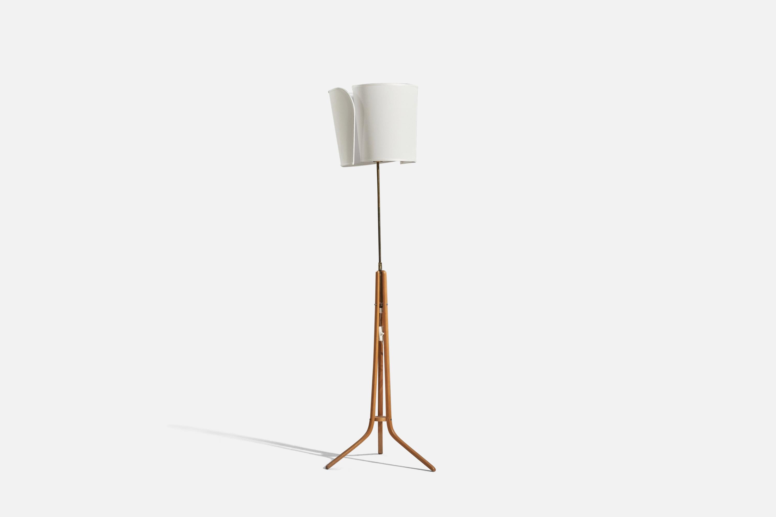 Swedish Designer, Floor Lamp, Wood, Brass, Fabric, Sweden, 1950s In Good Condition For Sale In High Point, NC