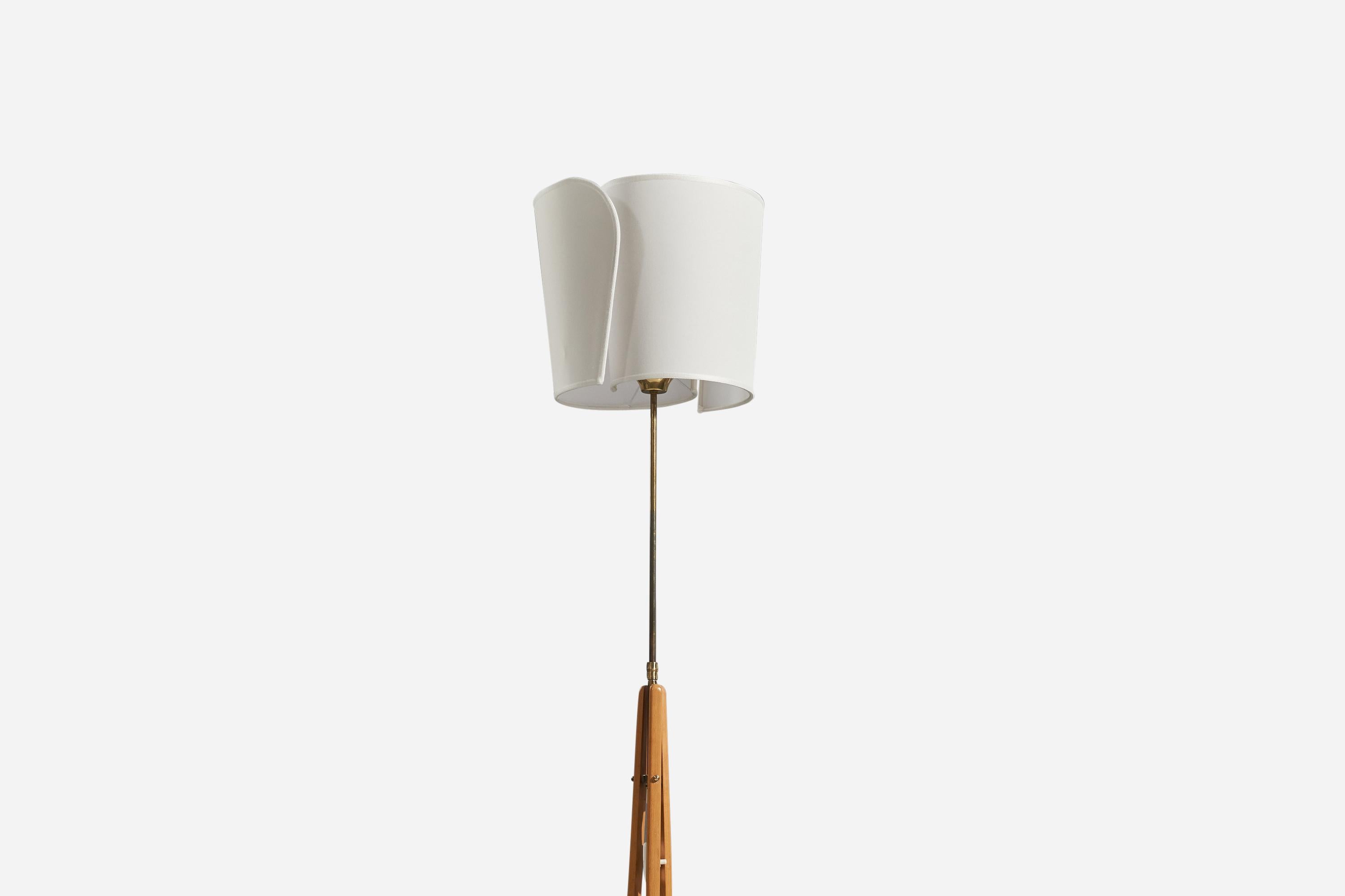 Swedish Designer, Floor Lamp, Wood, Brass, Fabric, Sweden, 1950s For Sale 1