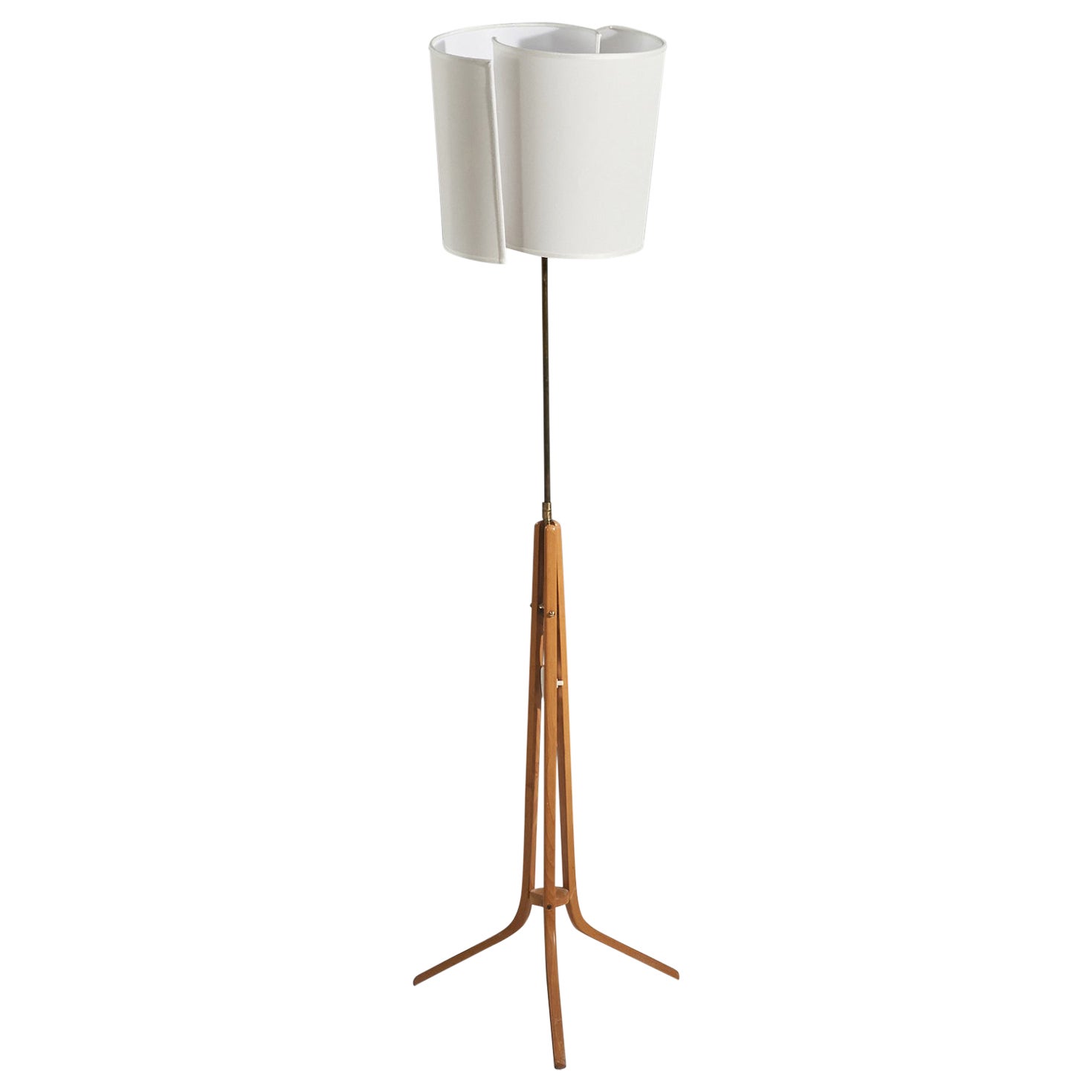 Lampada da terra di design svedese, Wood, ottone, tessuto, Svezia, anni '1950