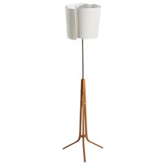 Swedish Designer, Floor Lamp, Wood, Brass, Fabric, Sweden, 1950s